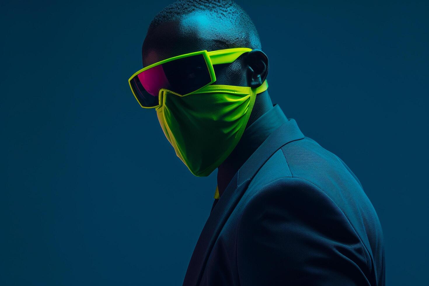 Stylish Male Fashion Model in Tailored Blazer with Neon Green Ski Mask and Neon Blue Trendy Lifestyle portrait with Modern Background photo