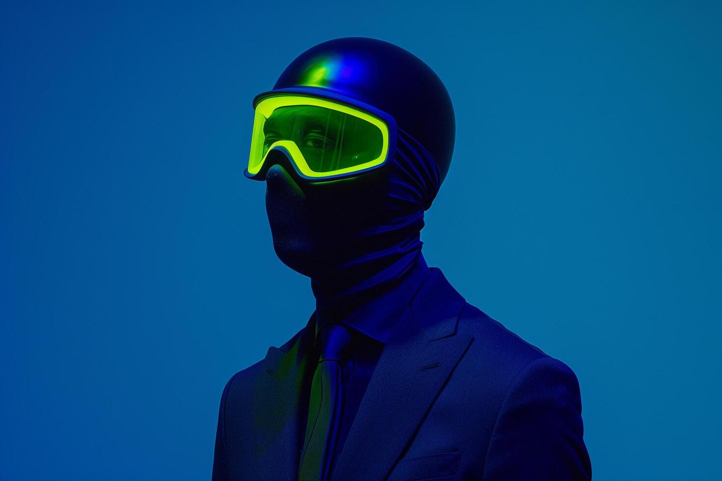 Trendy Male Fashion Model in Tailored Blazer with Neon Green Ski Mask and Neon Blue elegant Lifestyle portrait with Fashion Background photo