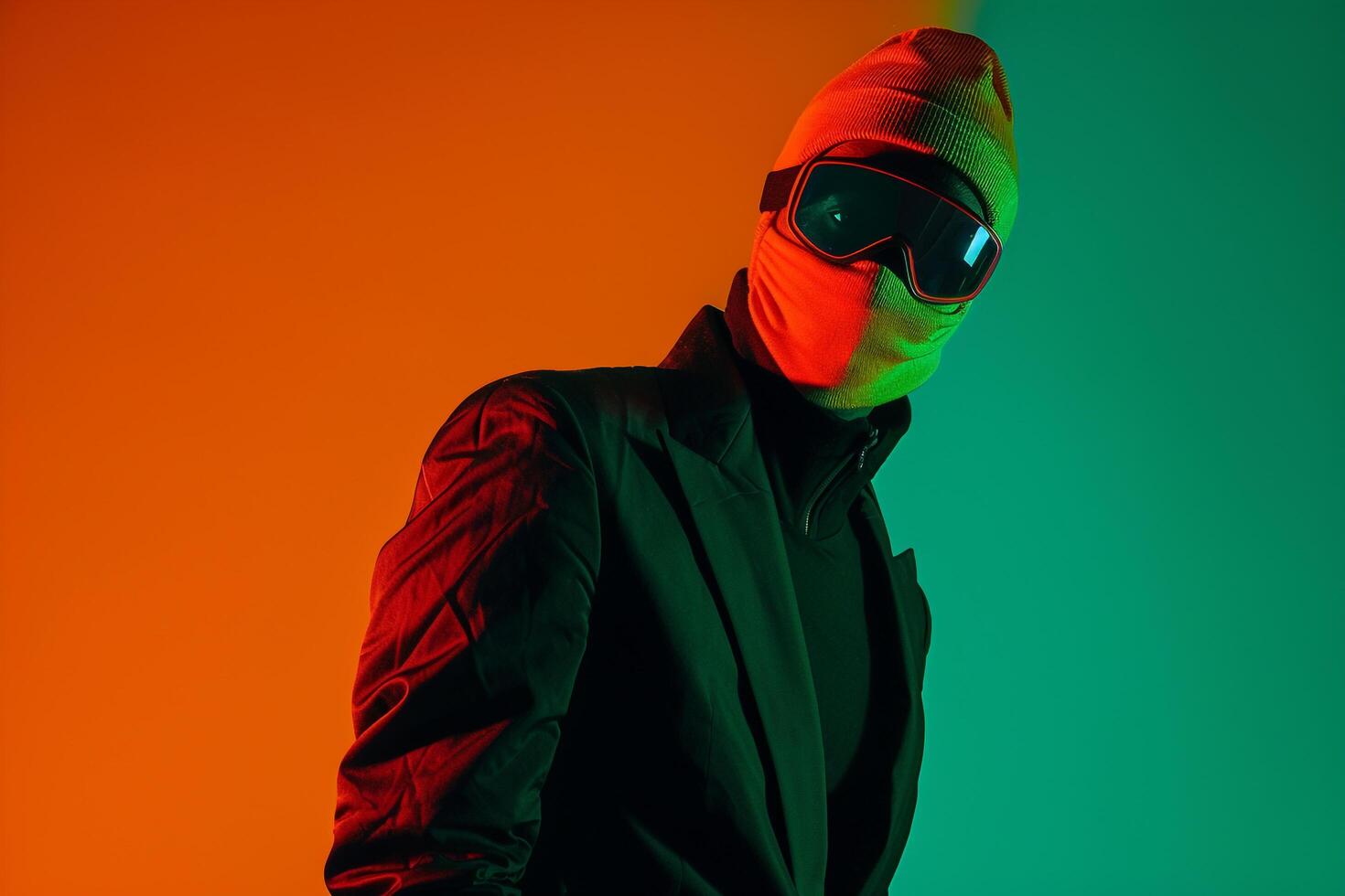Fashion Model in Casual Suit with Neon Orange Ski Mask and Neon Green Stylish Lifestyle portrait with Contemporary Fashion Background photo