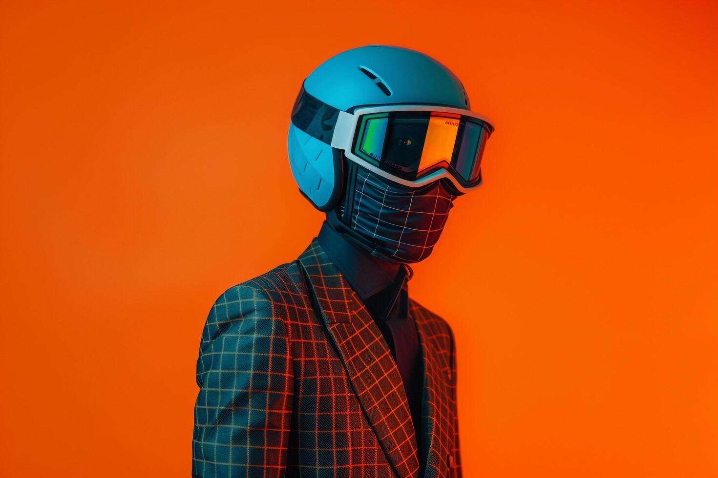 Fashion Model in Casual Suit with Neon Teal Ski Mask and Neon Orange elegant Lifestyle portrait with Modern Fashion Background photo