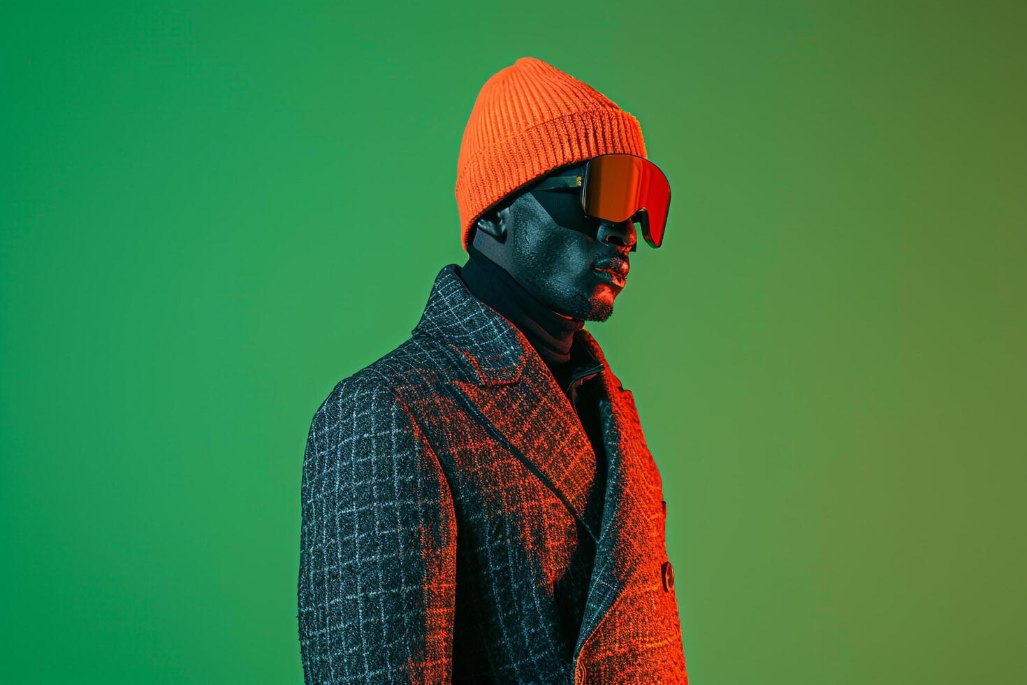Fashion Model in Casual Overcoat with Neon Orange Ski Mask and Neon Green elegant Lifestyle portrait with Fashionable Background photo