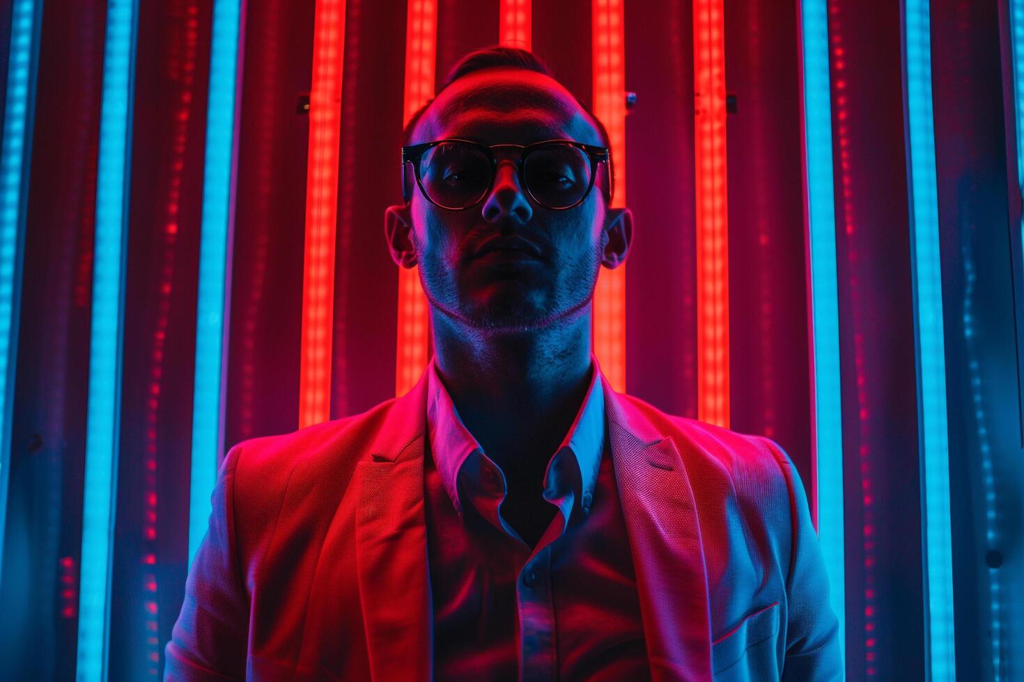 Trendy Male Fashion Model in Blazer with Neon Coral Stylish Lifestyle portrait with Modern Fashion Background photo