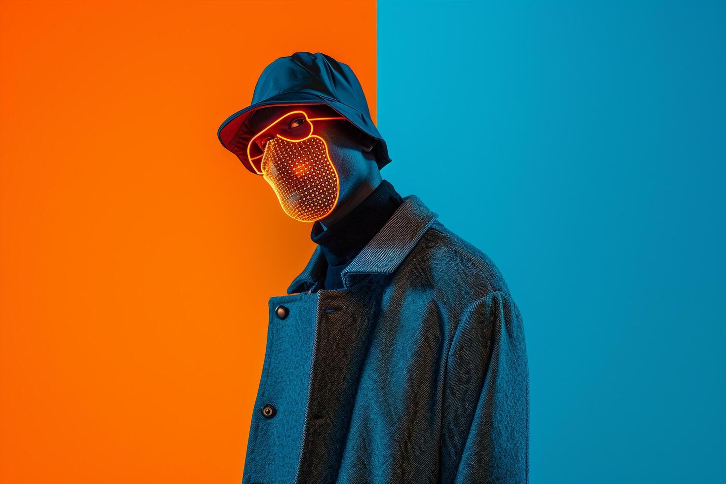 Casual Overcoat Clad Male Fashion Model Sporting Neon Orange Sneaker Mask and Neon Blue Trendy Lifestyle portrait Featuring a Stylish Background photo