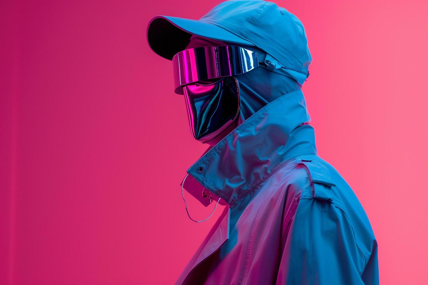 Trendy Male Fashion Model in Overcoat with Males Fashion Face Mask and Neon pink elegant Lifestyle portrait with Modern Background photo