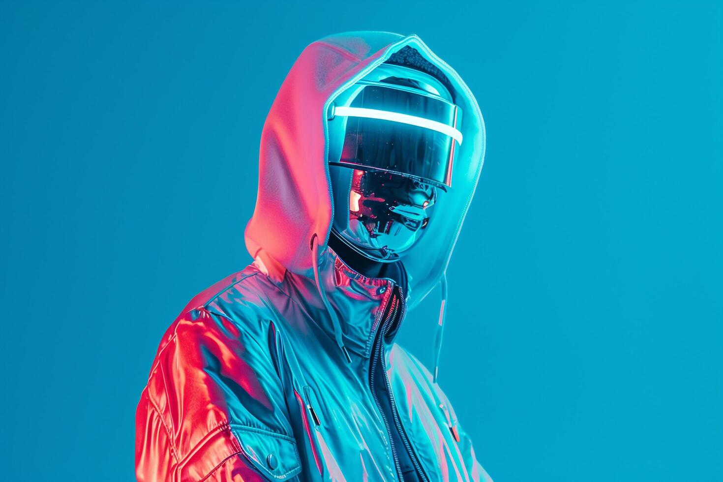 Male Fashion Model in Casual Jacket with Males Fashion Face Mask and Neon Teal Trendy Lifestyle portrait Featuring a Stylish Modern Fashion Background photo
