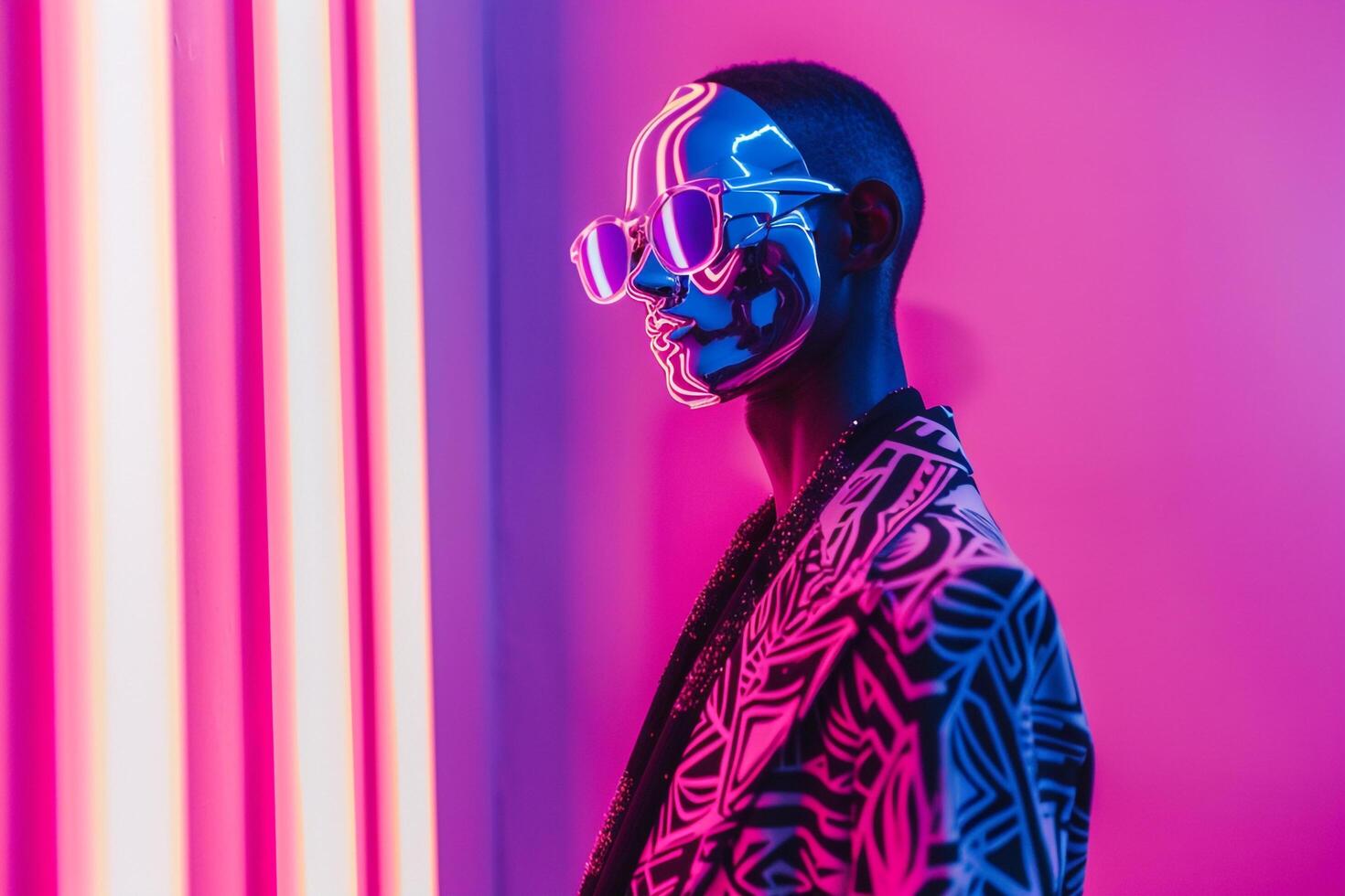 Fashionable Male Model in Casual Jacket with Males Fashion Face Mask and Neon pink Trendy Lifestyle portrait Featuring a Modern Fashionable Background photo
