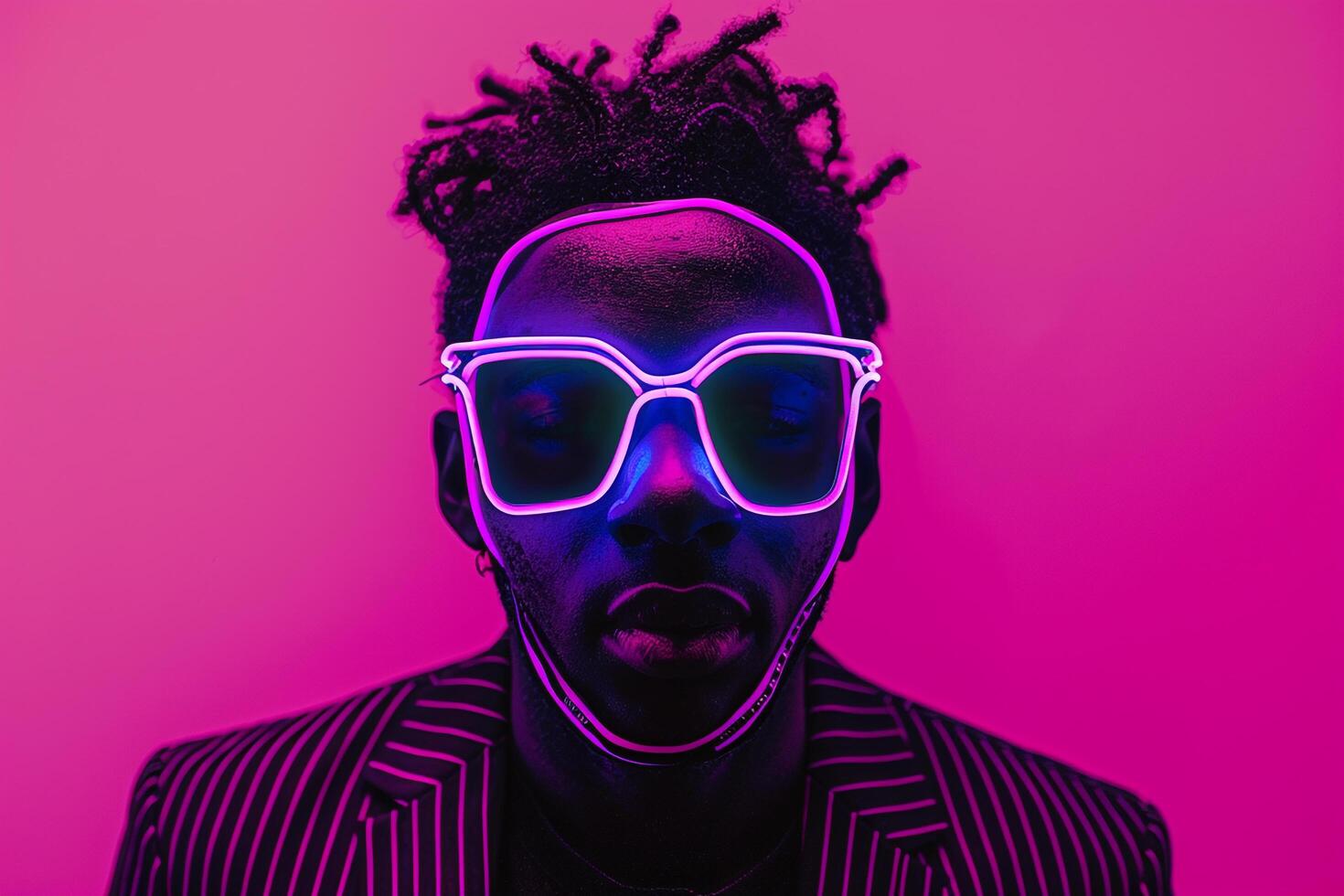 Trendy Male Fashion Model in Blazer with Neon purple Sneaker Mask and Neon pink elegant Lifestyle portrait Featuring a Fashionable Modern Background photo