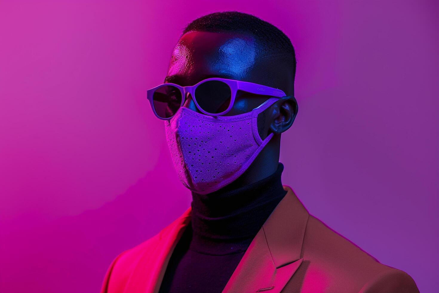 Trendy Male Fashion Model in Blazer with Neon purple Sneaker Mask and Neon pink Chic Lifestyle portrait Featuring a Fashionable Modern Background photo