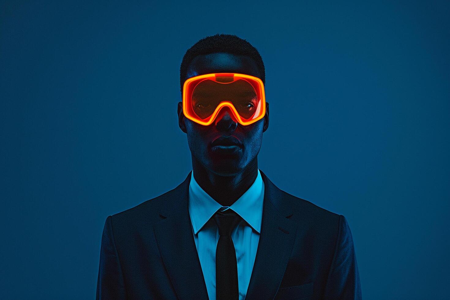 Male Fashion Model in Tailored Suit with Neon Orange Ski Mask and Neon Blue Background elegant portrait Featuring Trendy Fashion and Modern Aesthetics photo