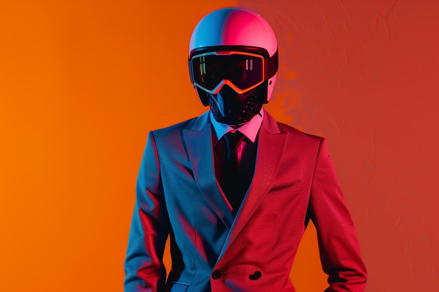Male Fashion Model in Casual Suit with Neon Black Ski Mask and Neon Orange Background Fashionable Lifestyle portrait with Contemporary Trendy eleMalets photo