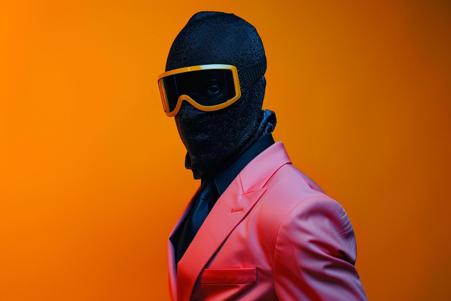 Casual Suit Clad Male Fashion Model with Neon Black Ski Mask and Neon Orange Background Stylish portrait Featuring Trendy Fashion and Modern Style photo