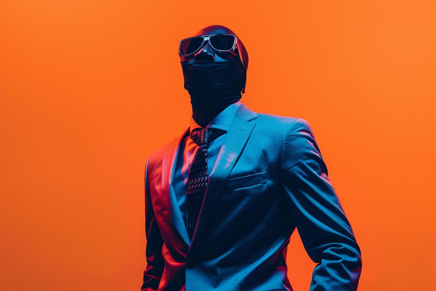Casual Suit Wearing Male Fashion Model with Neon Black Ski Mask and Neon Orange Background Fashionable portrait Featuring Contemporary Style photo
