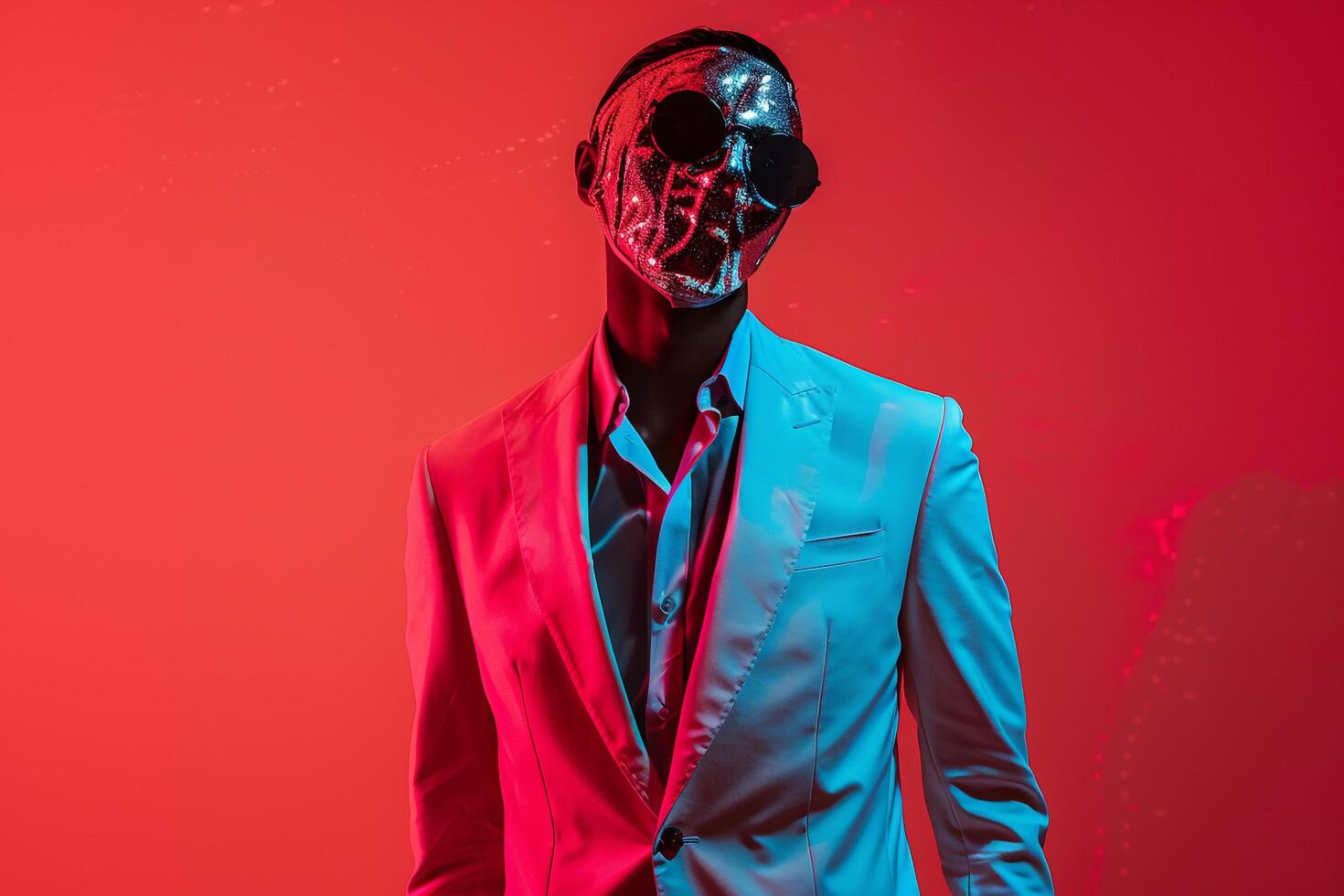 Male Fashion Model in Casual Suit with Males Fashion Face Mask and Neon Coral Background Stylish portrait Featuring Contemporary Fashion Trends photo