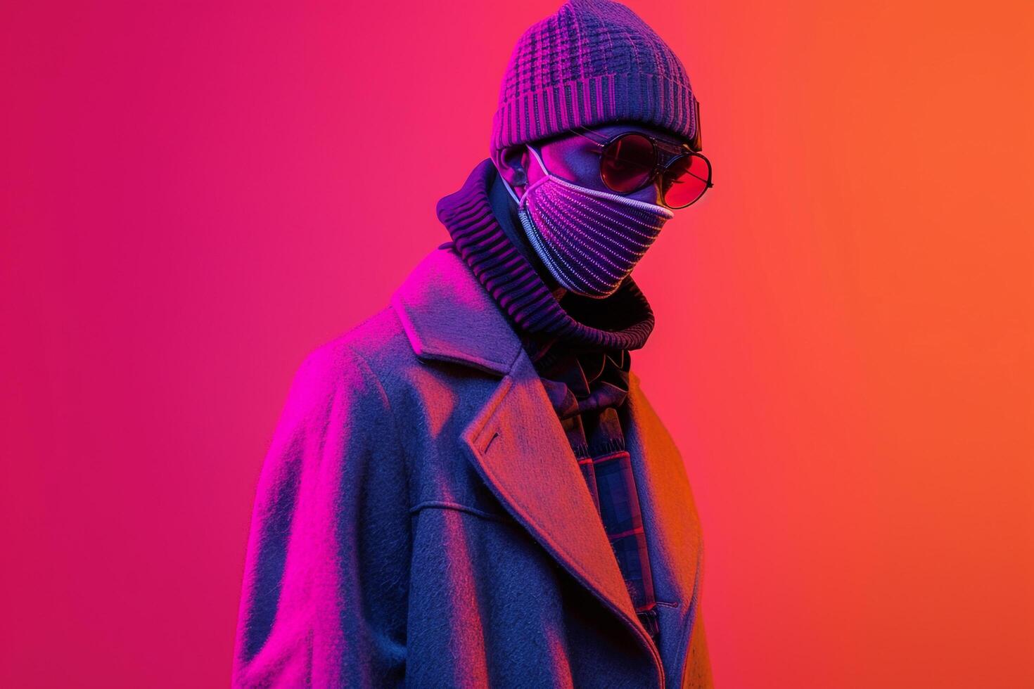 Trendy Overcoat Clad Male Fashion Model with Neon purple Ski Mask and Neon Coral Background Fashionable portrait Showcasing Modern Trendy eleMalets photo