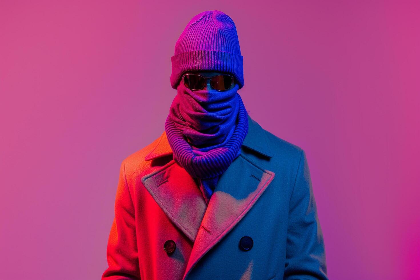 Trendy Overcoat Wearing Male Fashion Model with Neon purple Ski Mask and Neon Coral Background Stylish Lifestyle portrait Featuring Modern Fashion Trends photo
