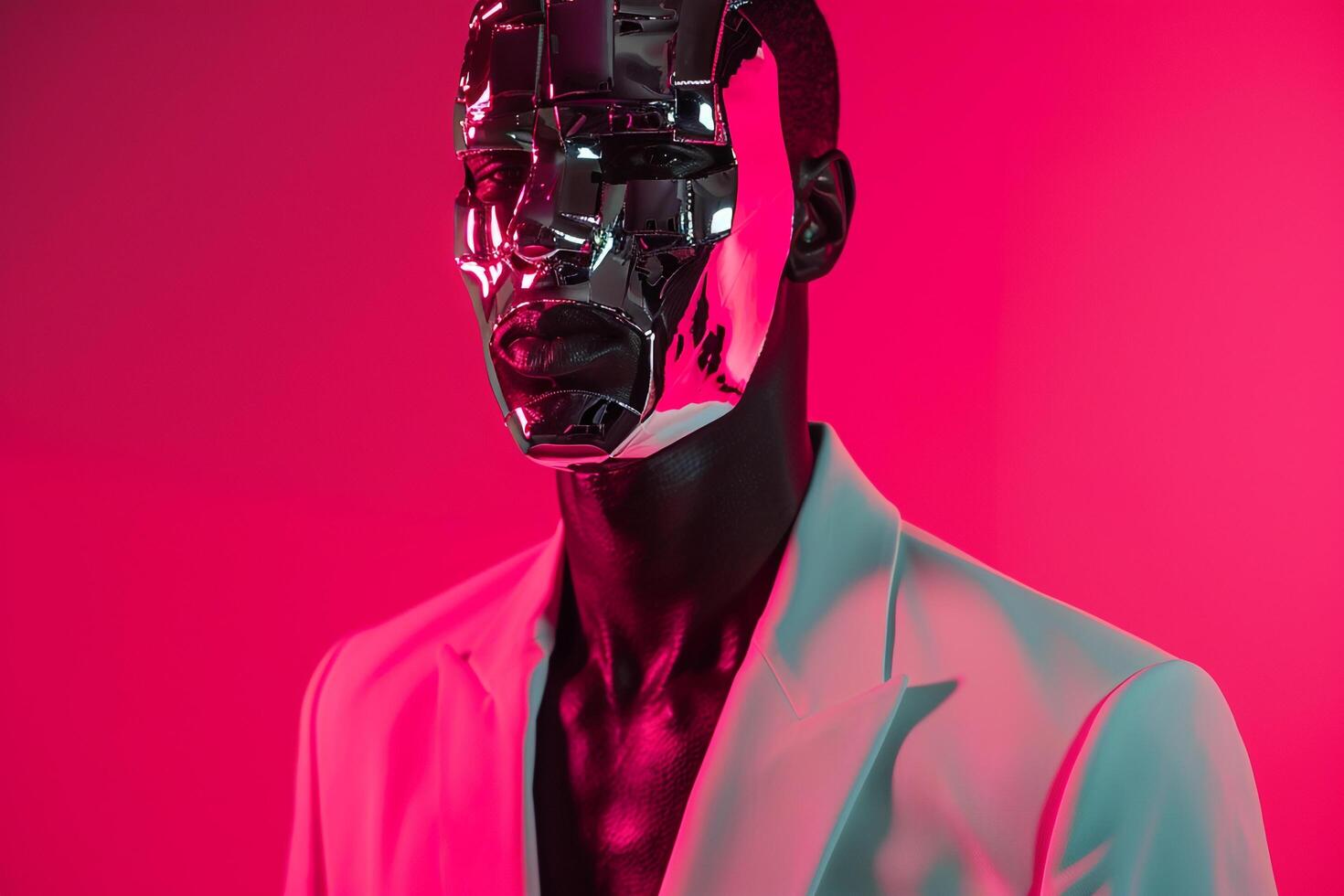 Male Fashion Model in Casual Blazer with Males Fashion Face Mask and Neon pink Background Fashionable Lifestyle portrait with Trendy eleMalets photo