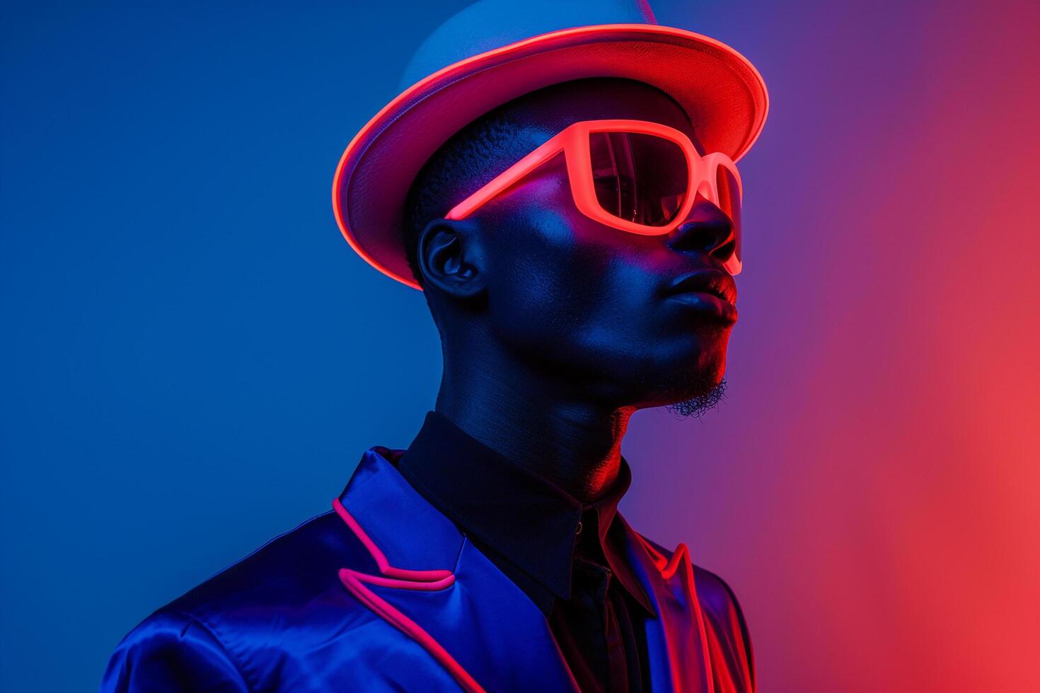 Male Fashion Model in Casual Blazer with Neon Coral Sneaker Mask and Neon Blue Background Trendy portrait Featuring Fashionable Modern Aesthetics photo