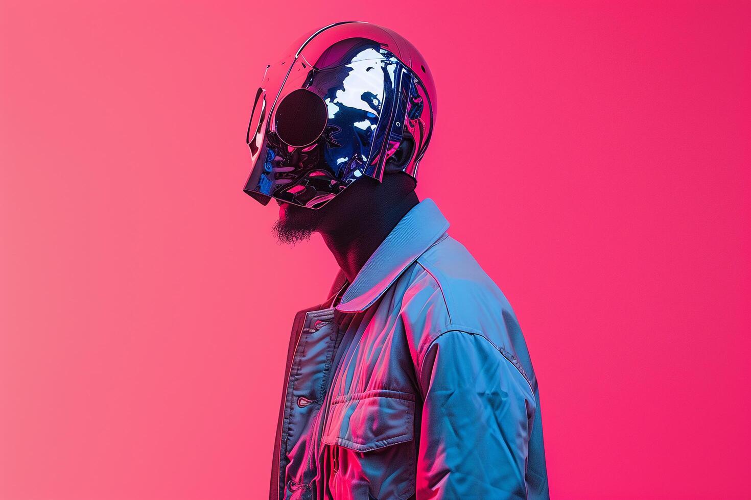 Stylish Male Model in Casual Jacket with Face Mask and Neon pink Background Fashionable portrait Featuring Contemporary Style and Lifestyle Trends photo
