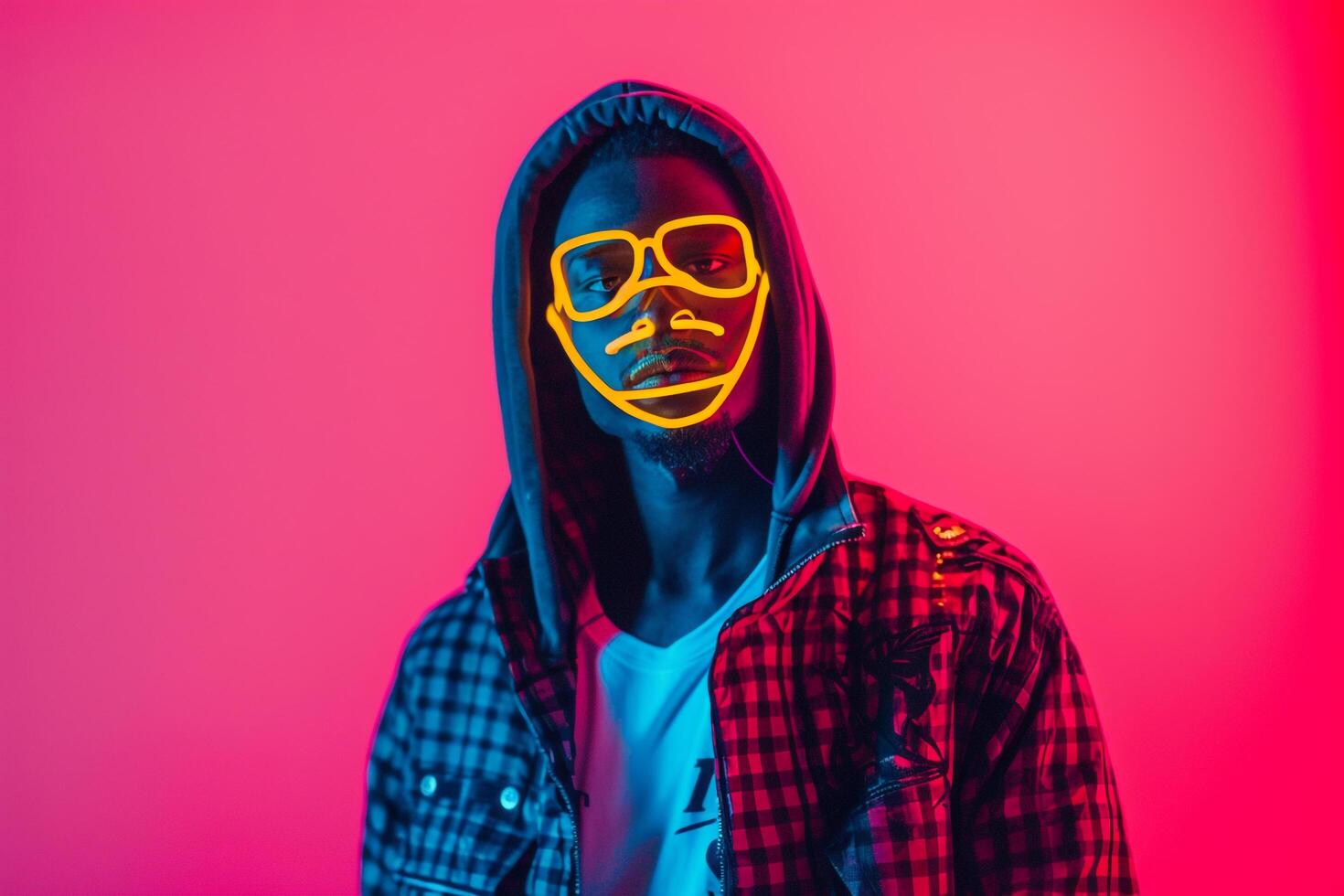Male Fashion Model in Casual Jacket with Neon Yellow Sneaker Mask and Coral Background Trendy portrait Featuring Modern Fashion and Vibrant Lifestyle photo
