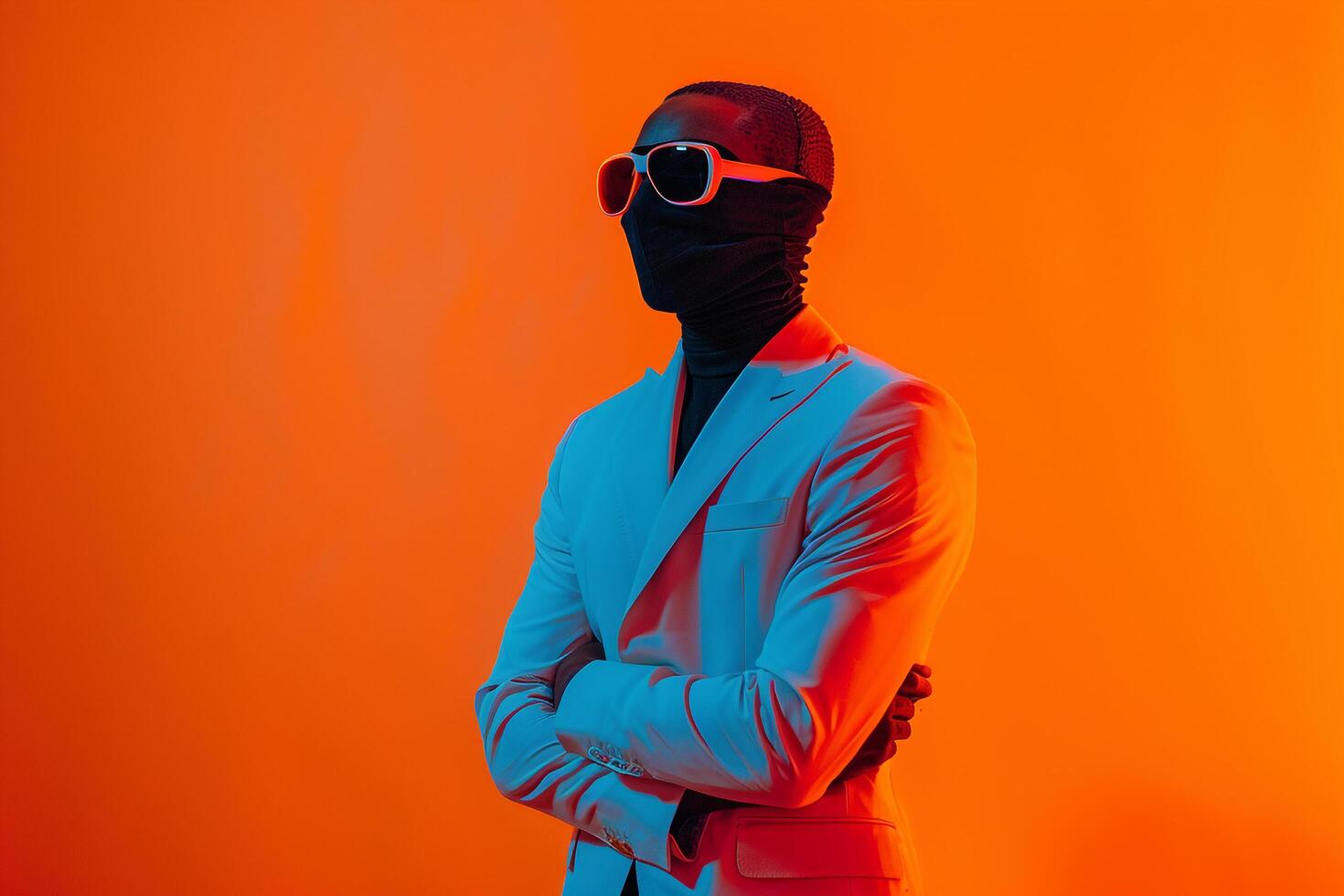 Fashionable Male Model in Casual Suit with Neon Black Ski Mask and Yellow Background Stylish portrait Highlighting Modern Fashion and Color Trends photo