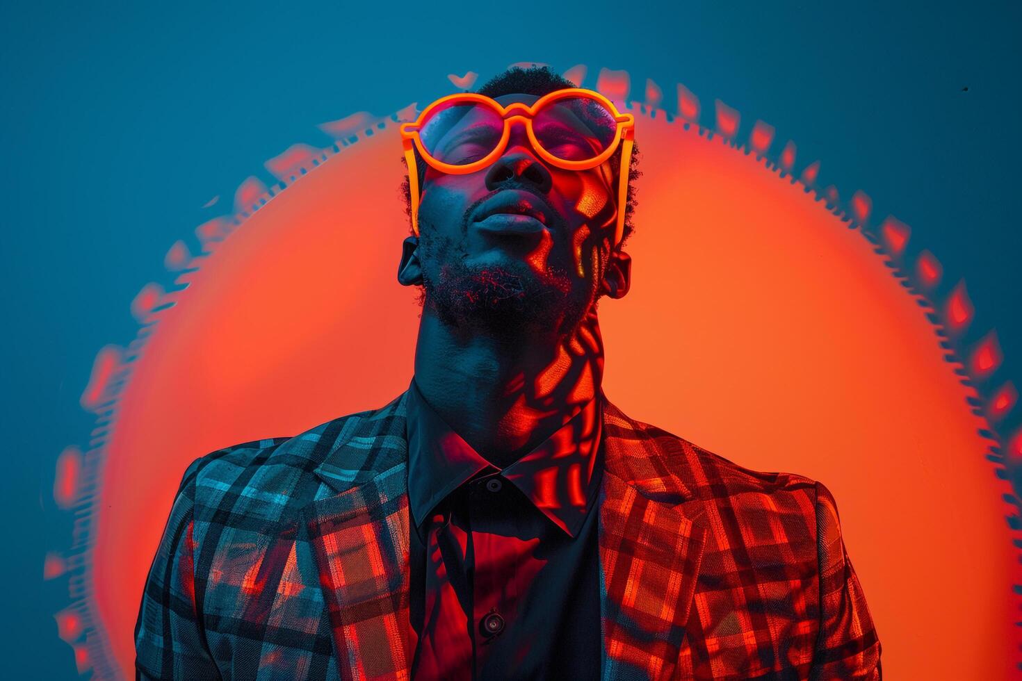 Fashionable Male Model in Casual Suit with Neon Orange Sneaker Mask and Coral Background Chic portrait Showcasing Modern Fashion and Vibrant Lifestyle photo