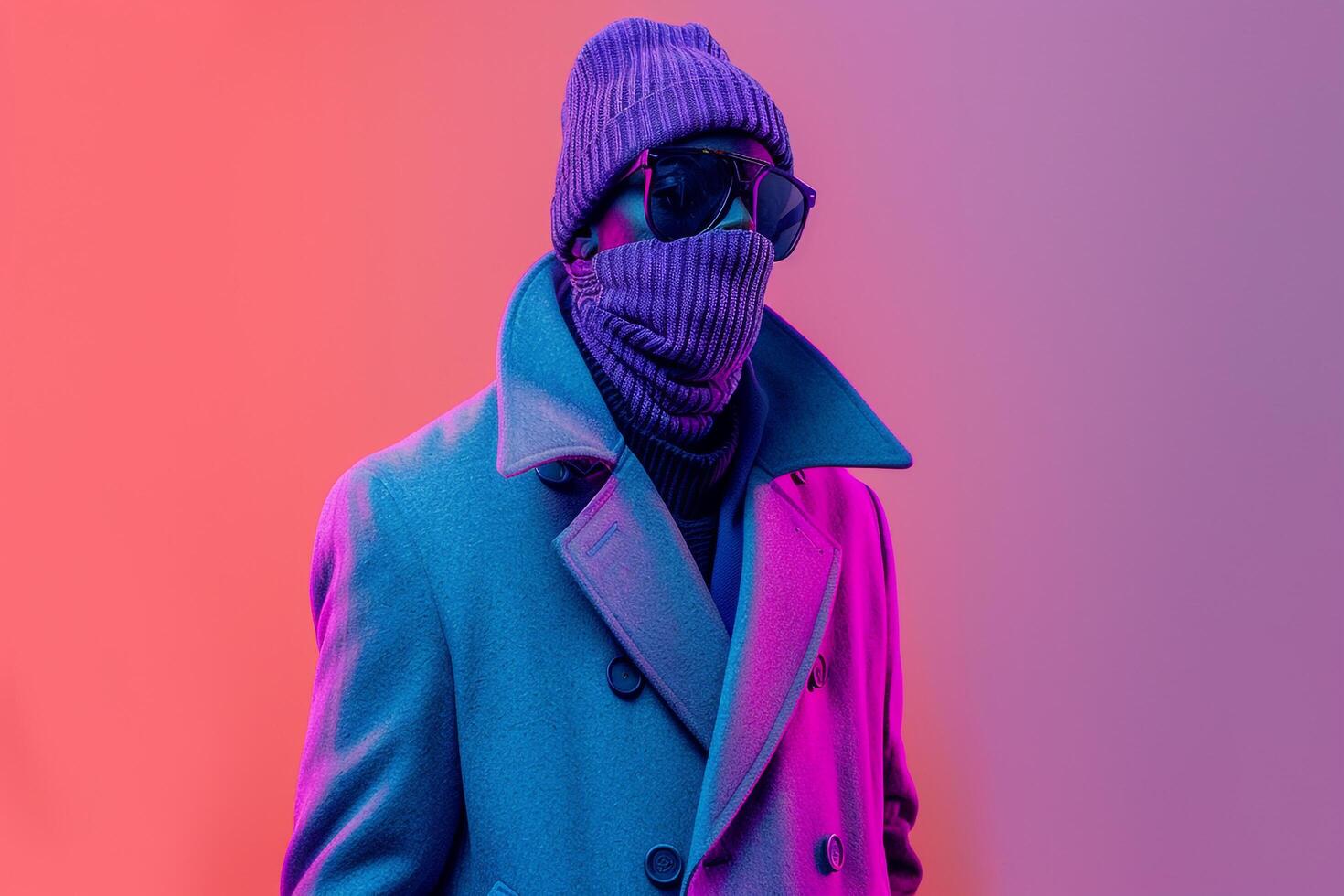 Male Model in Trendy Overcoat with Neon purple Ski Mask and Coral Background Chic portrait Highlighting Bold Fashion Choices and Modern Lifestyle photo