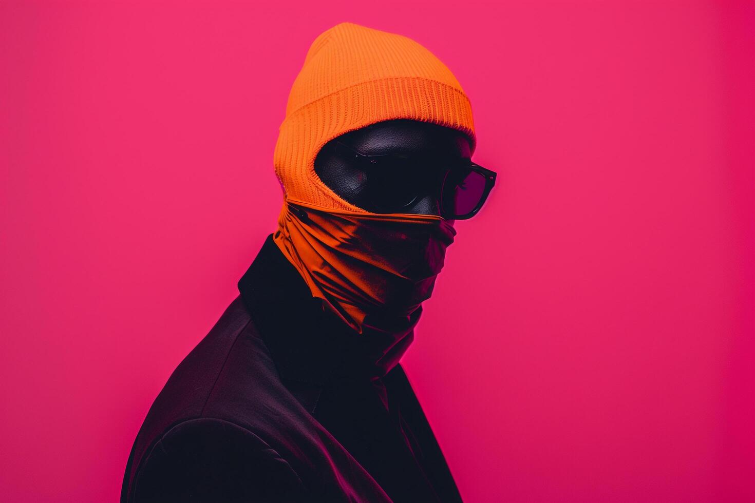 Male Fashion Model in Trendy Blazer with Neon Orange Ski Mask and pink Background Stylish portrait Highlighting Modern Fashion Trends and Bold Color Accents photo