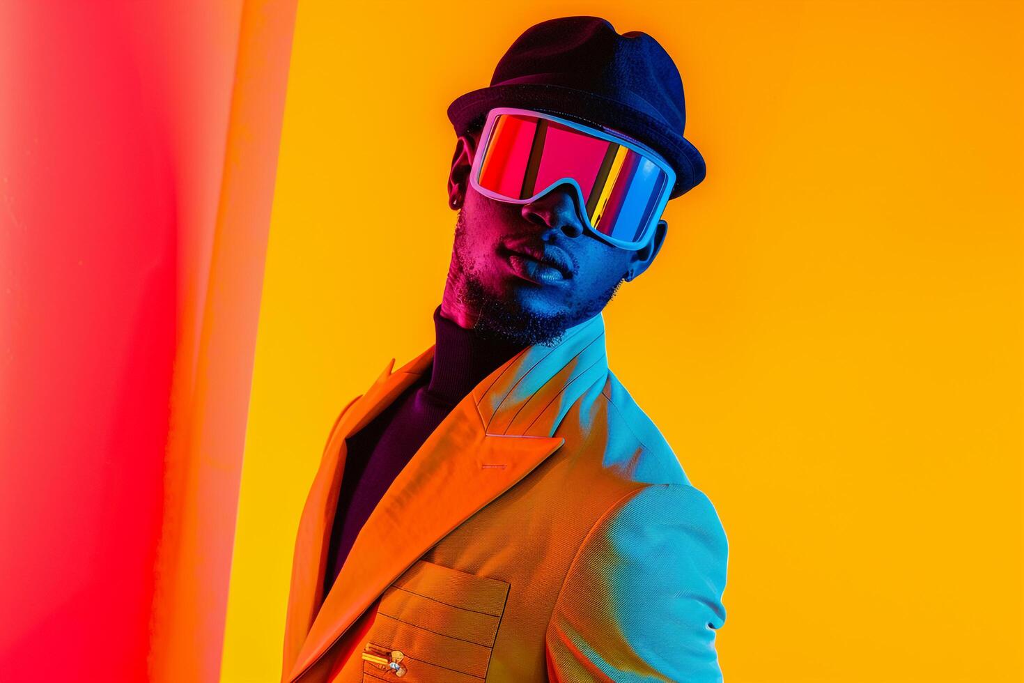 Male Fashion Model in Trendy Blazer with Neon Red Ski Mask and Yellow Background Fashionable portrait Featuring Chic Fashion Trends and Vibrant Color Choices photo