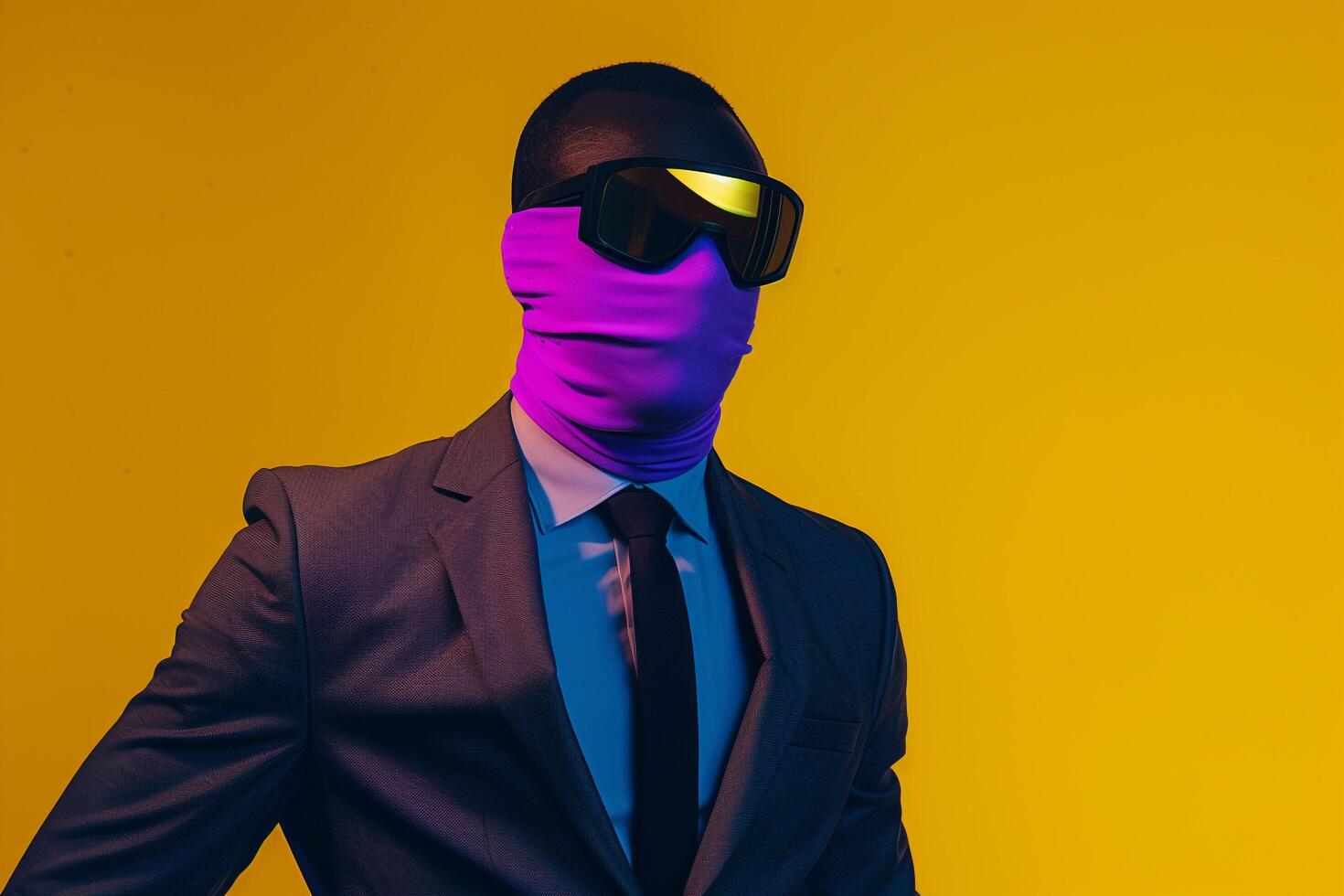 Male Model in Suit with Neon purple Ski Mask and Yellow Background Fashionable portrait Highlighting Modern Style and Bold Color Accents photo