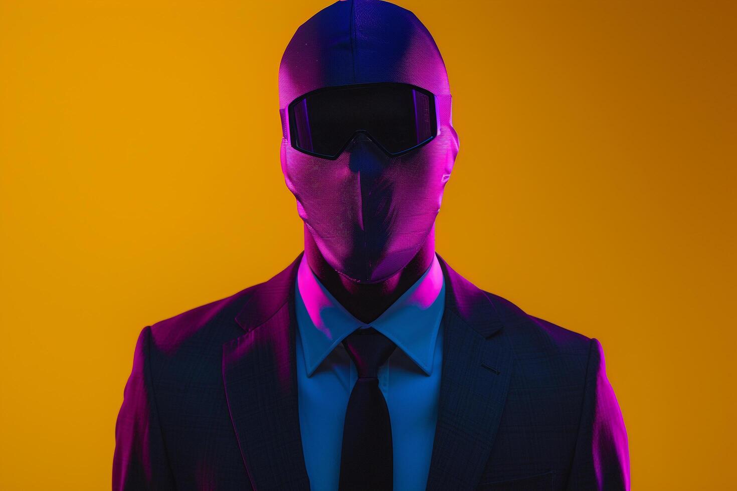 Male Model in Suit with Neon purple Ski Mask and Yellow Background Stylish portrait Highlighting Modern Fashion Trends and Vibrant Color eleMalets photo