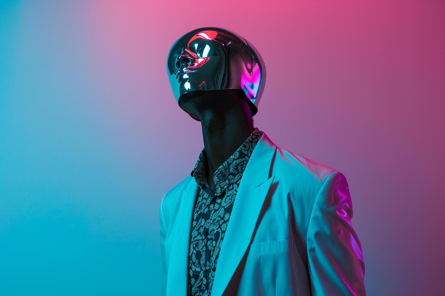 Male Fashion Model in Casual Blazer with Fashionable Face Mask and Neon Aqua Background Trendy portrait Featuring Modern Fashion Trends and Vibrant Colors photo