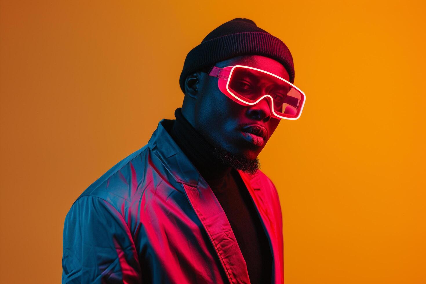 Fashion Forward Male Model in Trendy Blazer with Neon Red Ski Mask and Neon Yellow Background Stylish Lifestyle portrait emphasizing Vibrant Fashion Trends photo