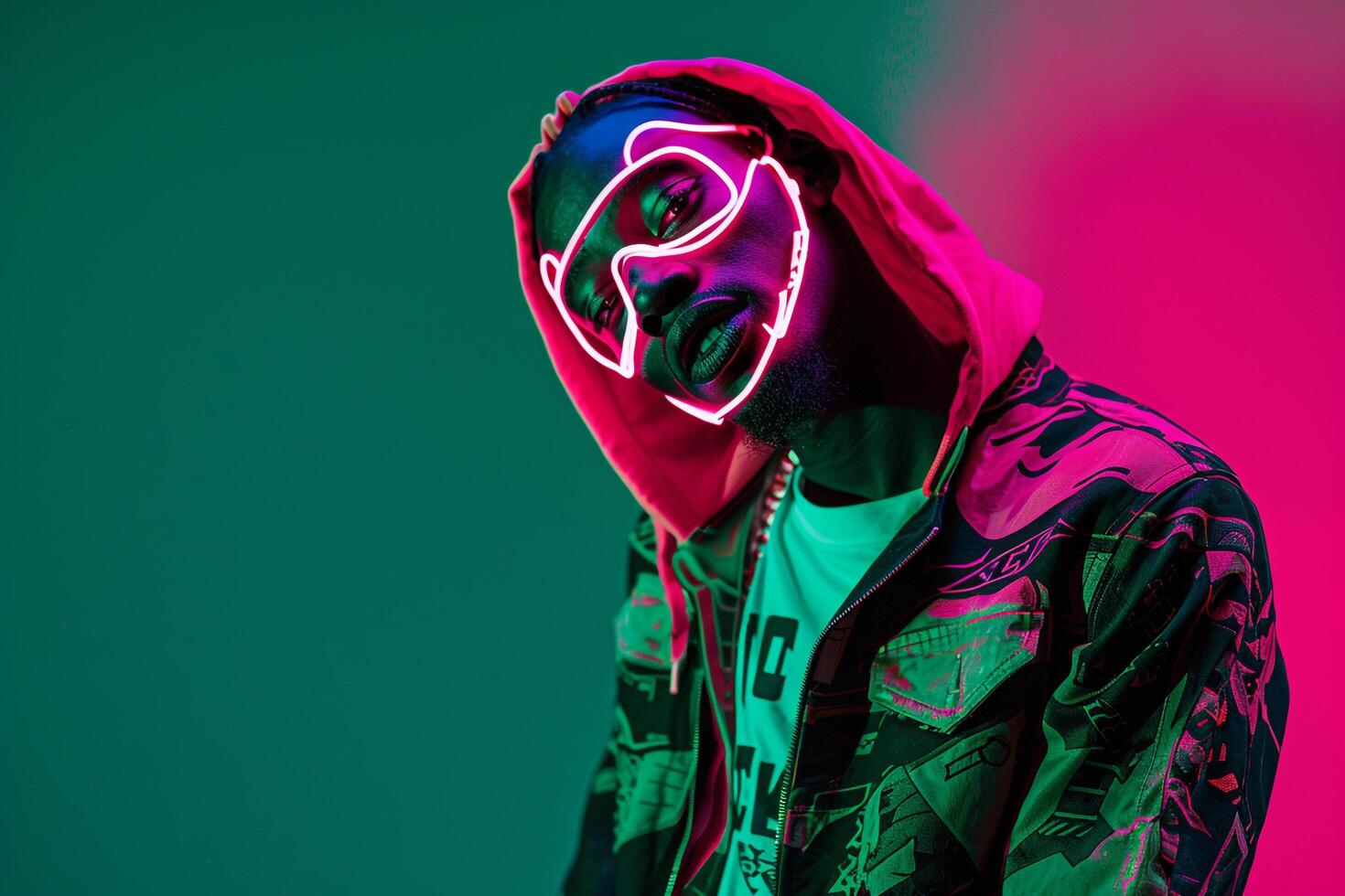 Stylish Male Model in Casual Jacket with Neon pink Sneaker Mask and Neon Green Background Modern portrait emphasizing Contemporary Fashion and Bold Colors photo