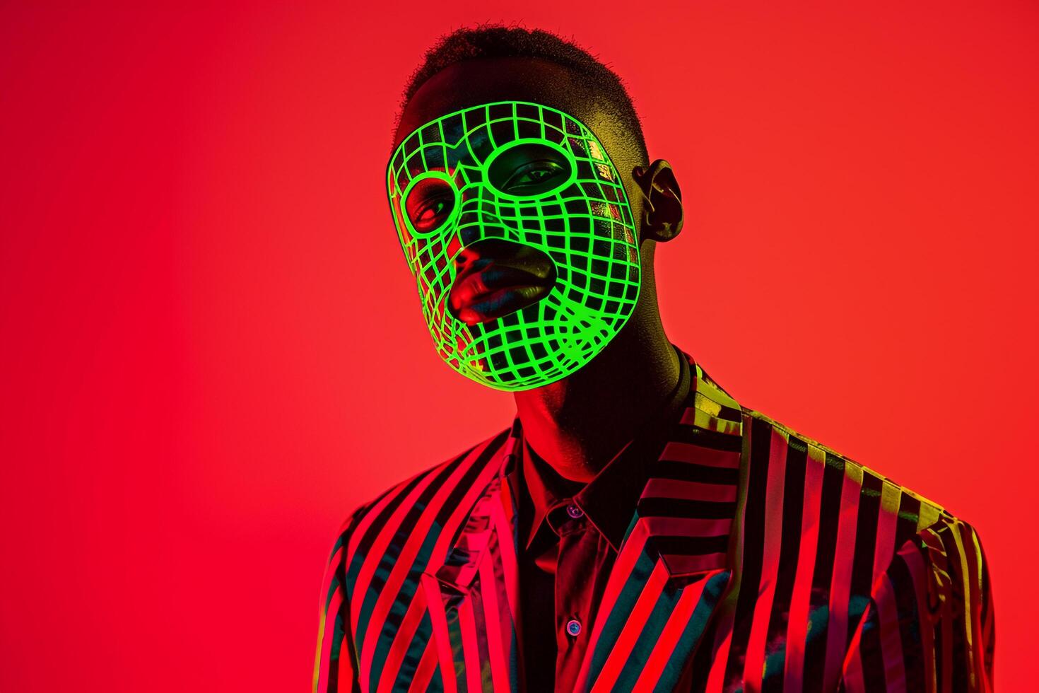 Trendy Male Model in Casual Blazer with Neon Green Sneaker Mask and Neon Coral Background Fashionable portrait Highlighting Contemporary Fashion eleMalets photo