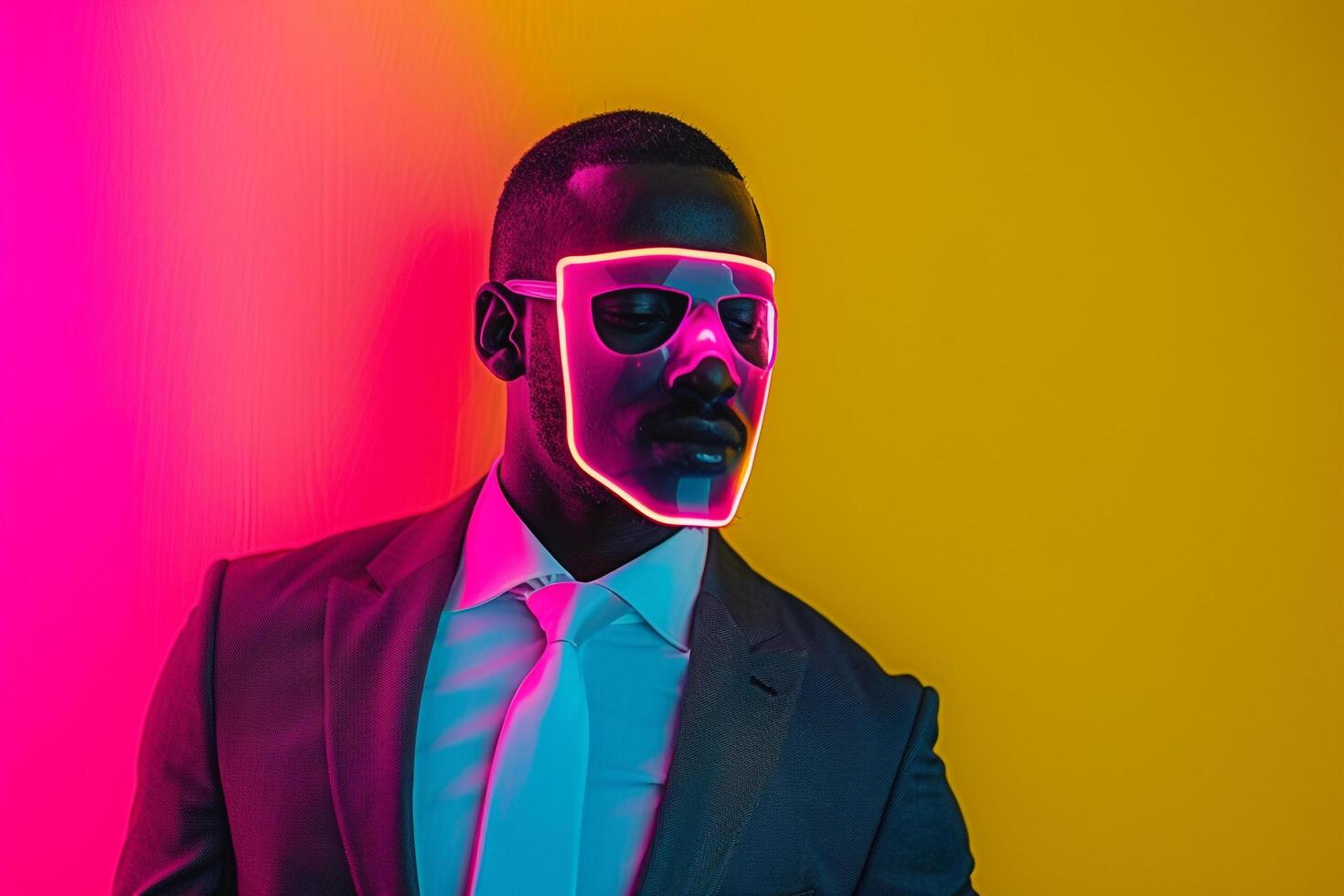 Contemporary Male Fashion Model in Casual Suit with Neon pink Sneaker Mask and Neon Yellow Background Trendy portrait emphasizing Bold Fashion Choices photo
