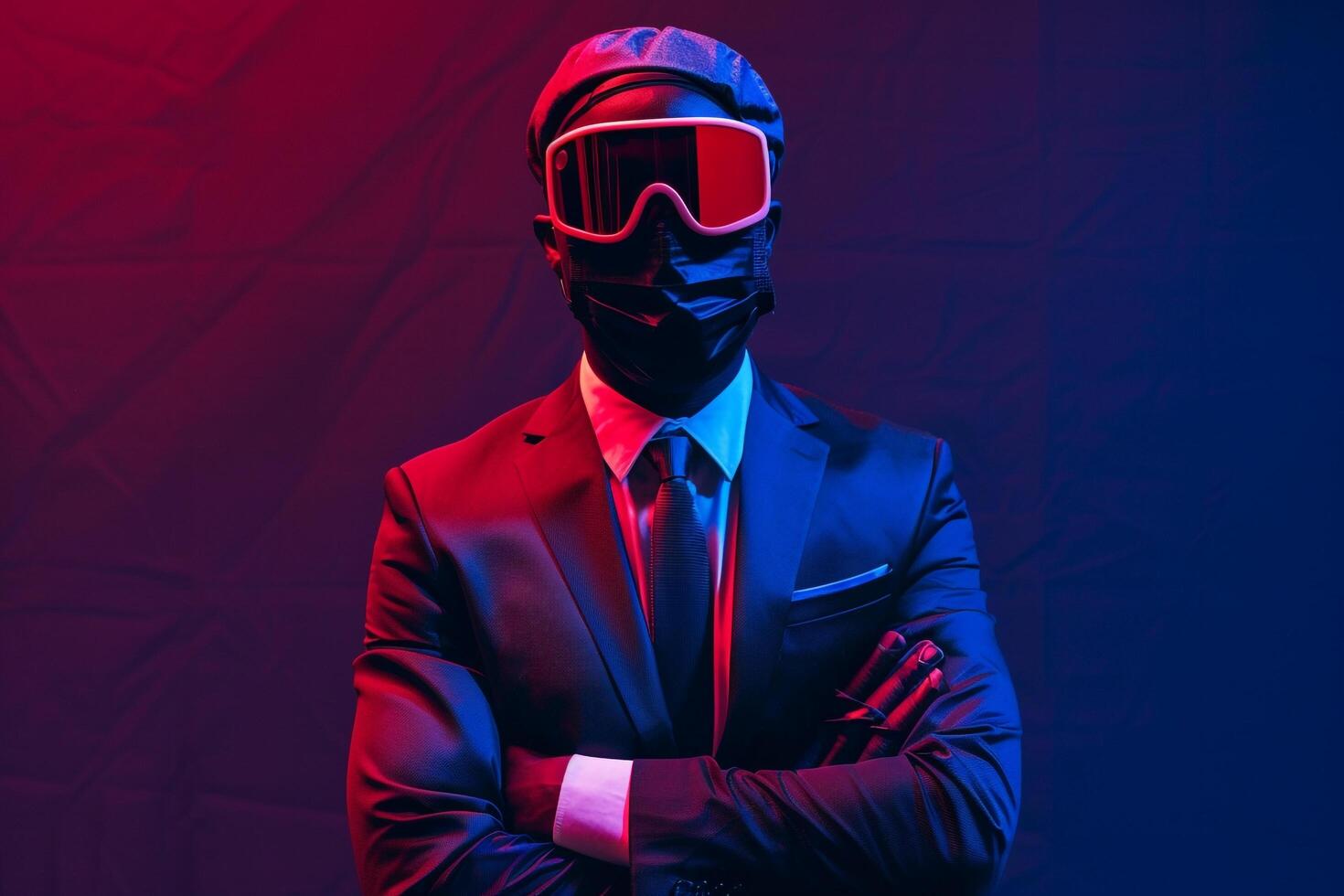 Trendsetting Male Model in Classic Suit with Neon Red Ski Mask and Neon Blue Background Stylish portrait Highlighting Bold Fashion Choices photo