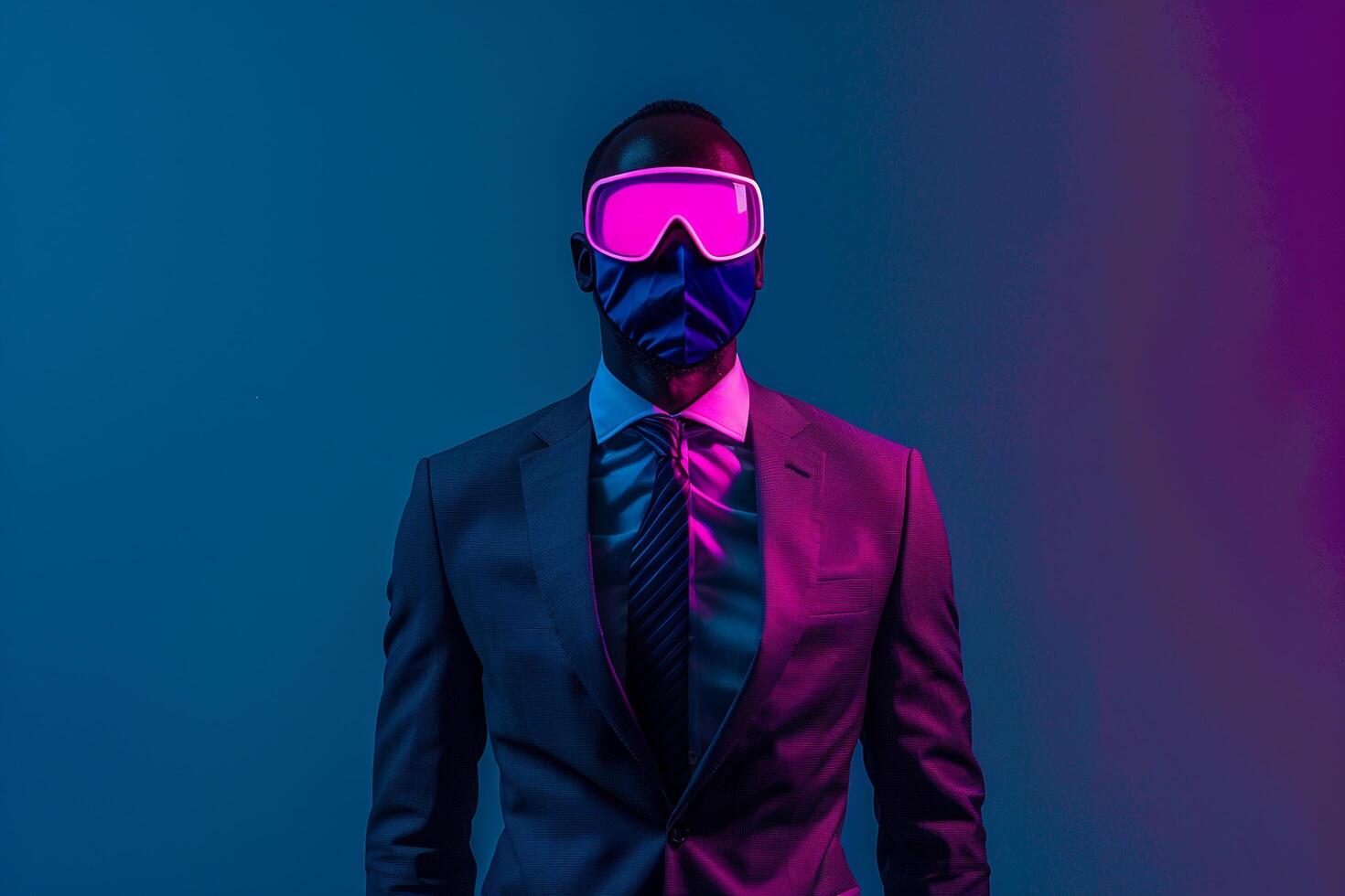 Contemporary Male Fashion Model in Tailored Suit with Neon purple Ski Mask and Neon Teal Background Stylish portrait Highlighting Fashion Forward eleMalets photo