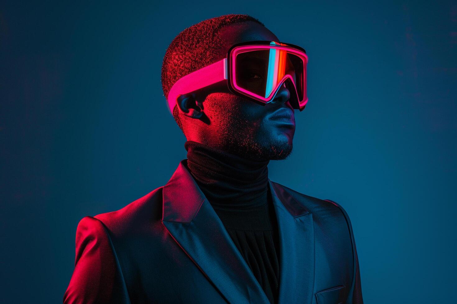 Fashion Forward High end portrait of a Handsome Male Model in Classic Suit with Neon Red Ski Mask and Neon Blue Background Trendy Lifestyle Highlighting Contemporary Style photo