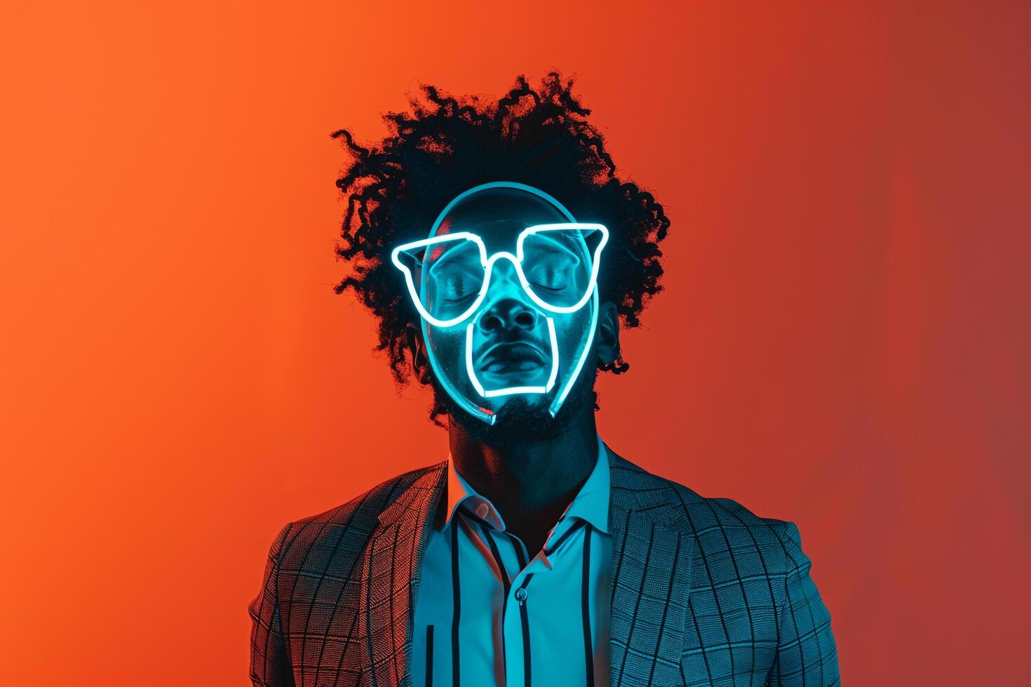 Chic Fashion portrait of Handsome Male Model in Casual Blazer with Neon Teal Sneaker Mask Neon Blue Background Stylish Shot photo