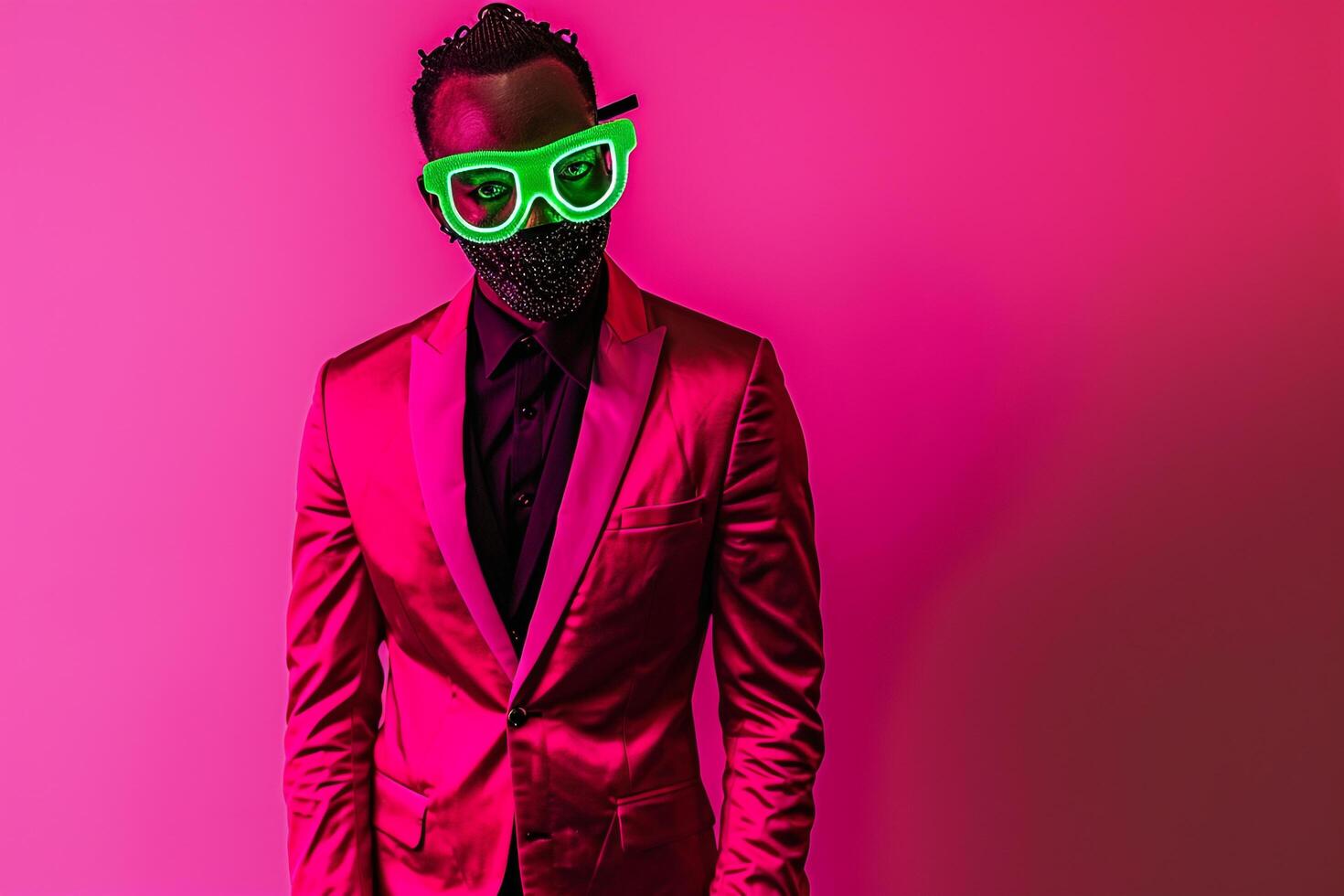High end Fashion portrait of Handsome Male Model in Casual Suit with Neon Green Sneaker Mask Neon pink Background elegant photo