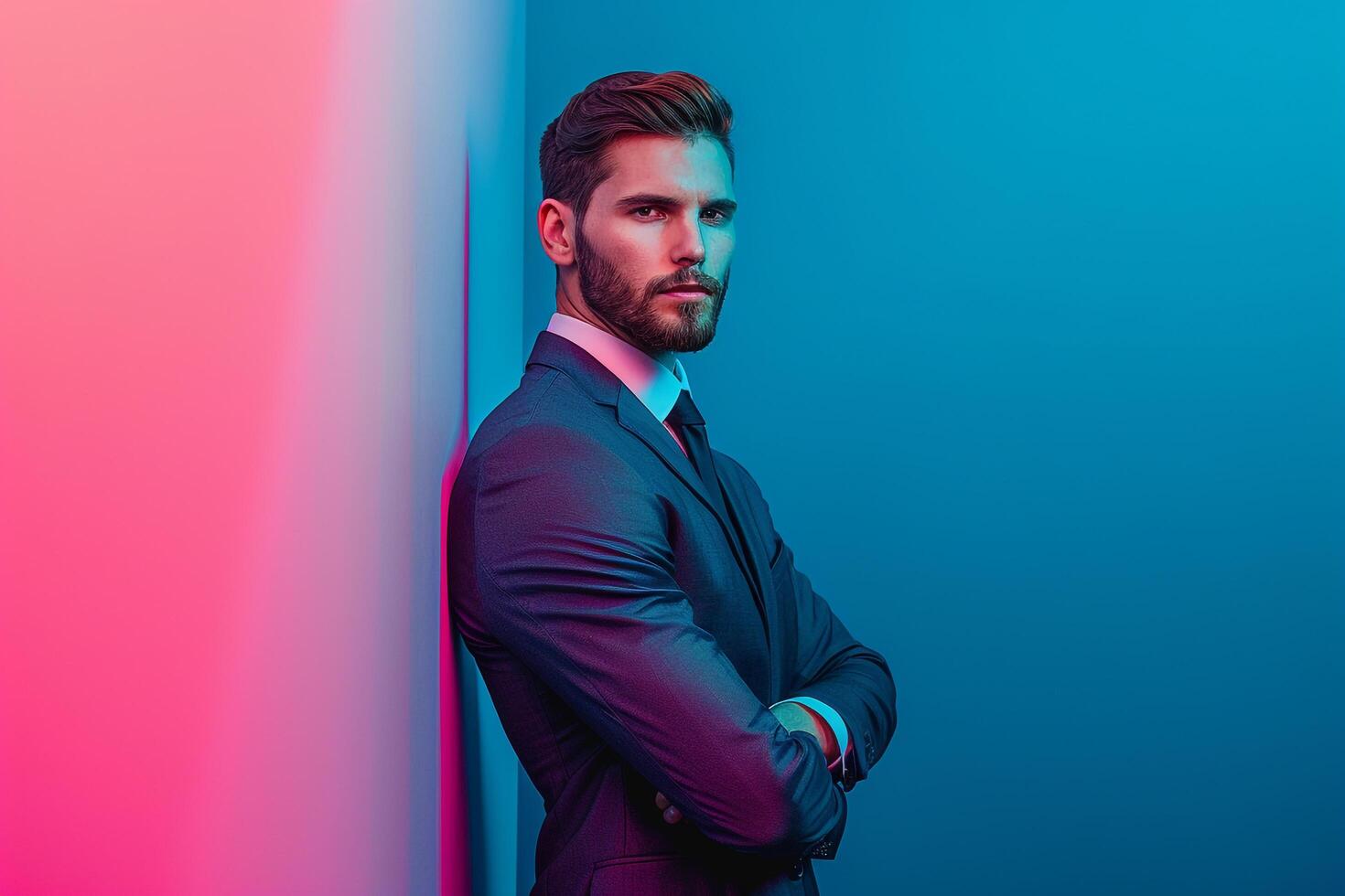 Modern Fashion portrait of Handsome Male Model in Timeless Suit Neon pink Background Chic Lifestyle Image photo