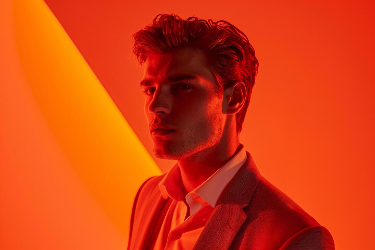 High fashion portrait of a male model in a timeless blazer with a neon orange background combining classic elegance with modern neon accents for a sophisticated yet vibrant look photo