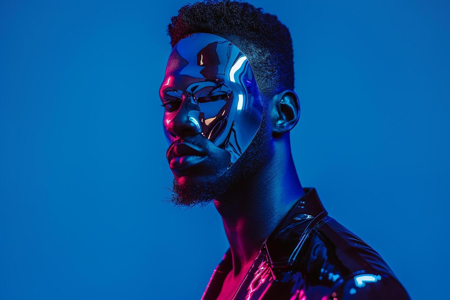 Chic male fashion model in a casual jacket with a face mask and neon blue background featuring a modern blend of relaxed style and bold neon accents for a striking look photo