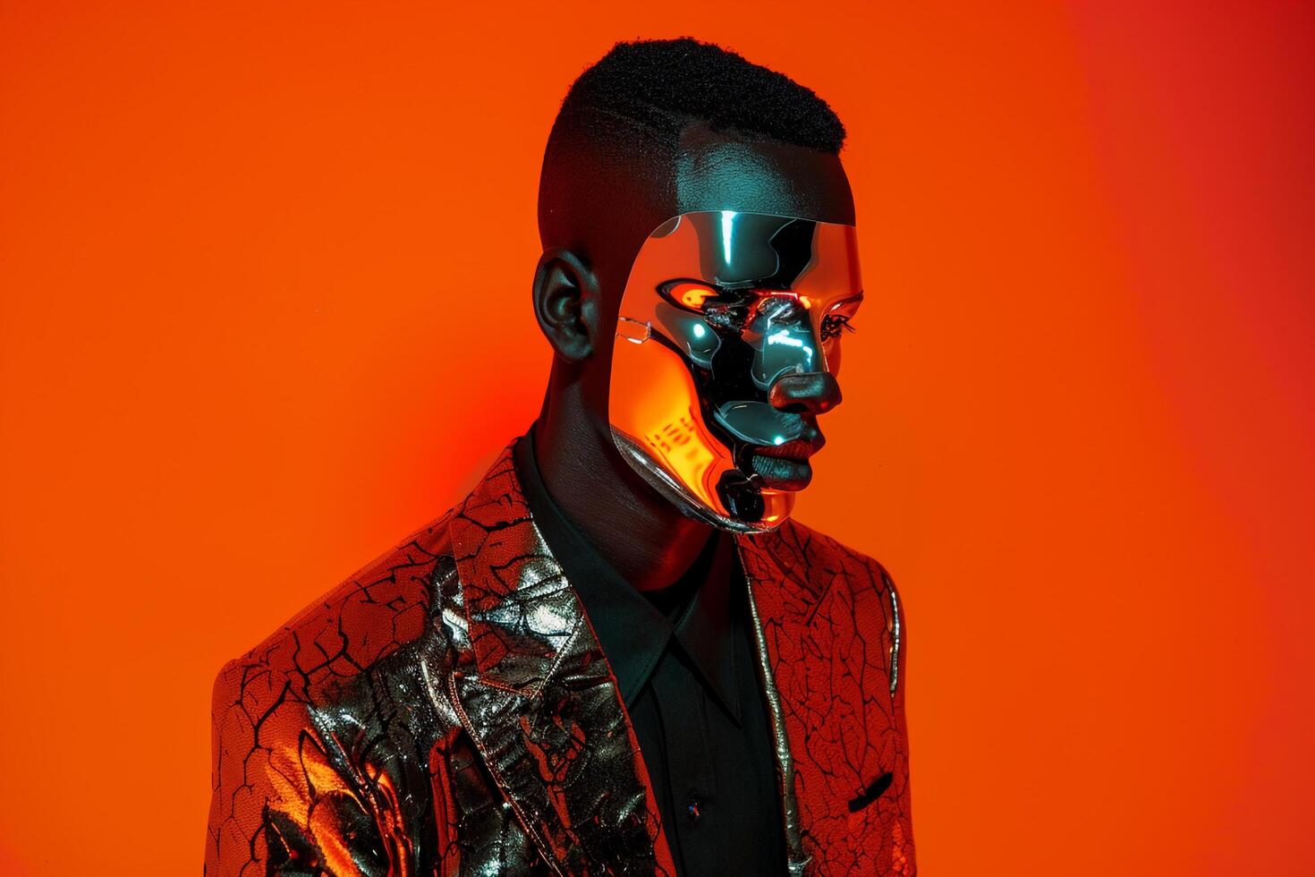 Fashion forward male model in a casual blazer with a face mask and neon orange background showcasing a mix of modern elegance and vibrant neon hues for a standout look photo