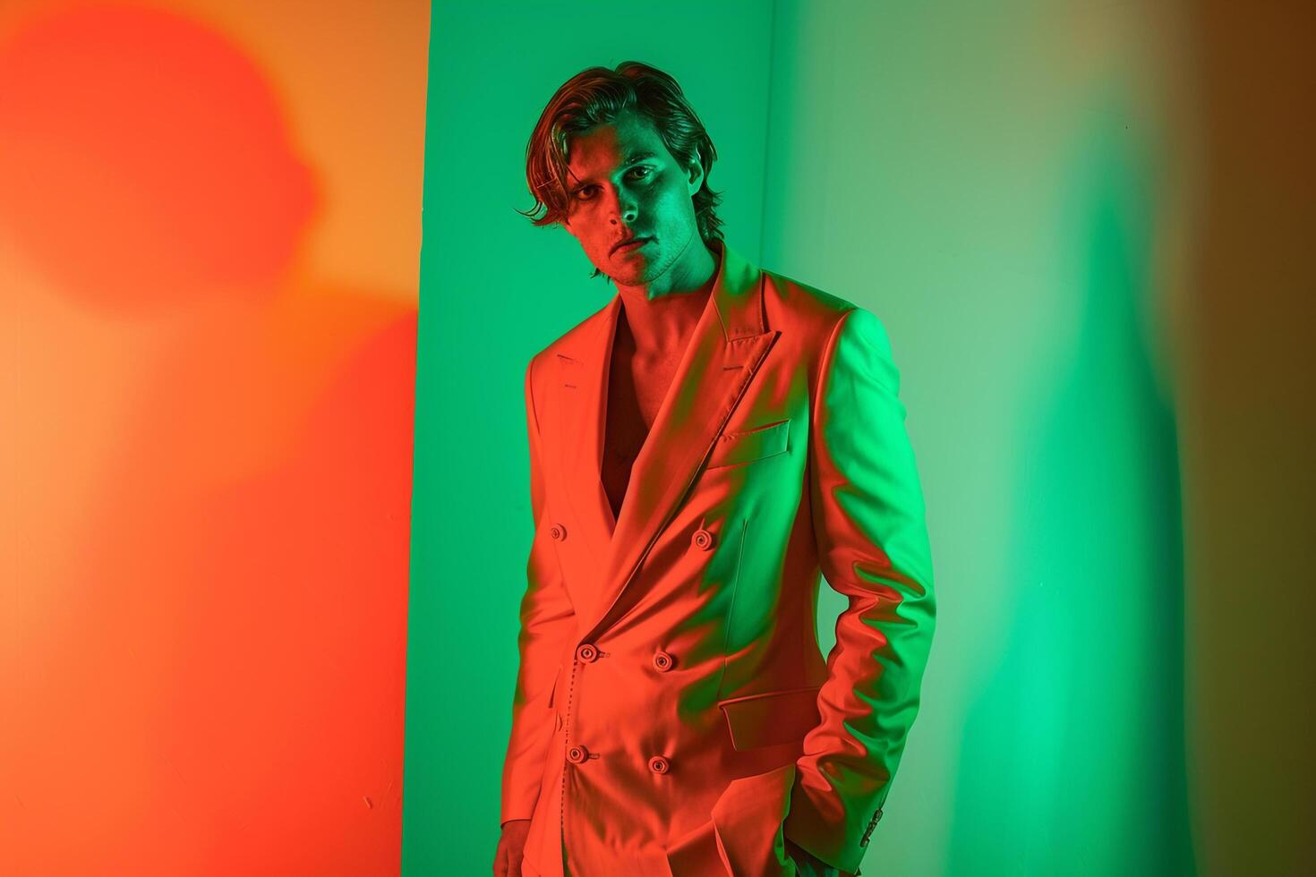 Chic fashion portrait of a male model in a suit with a neon green background merging traditional elegance with bold neon colors for a contemporary and stylish appearance photo