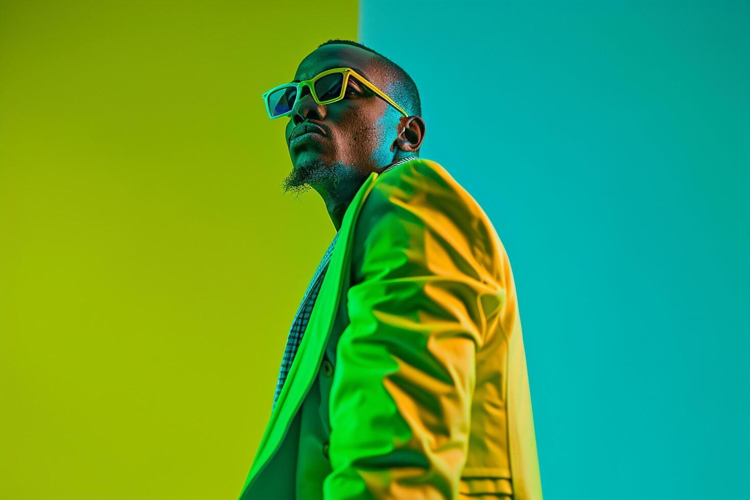 Trendy fashion portrait of a male model in a stateMalet coat with a neon green background combining classic tailoring with bold neon colors for a contemporary and stylish look photo