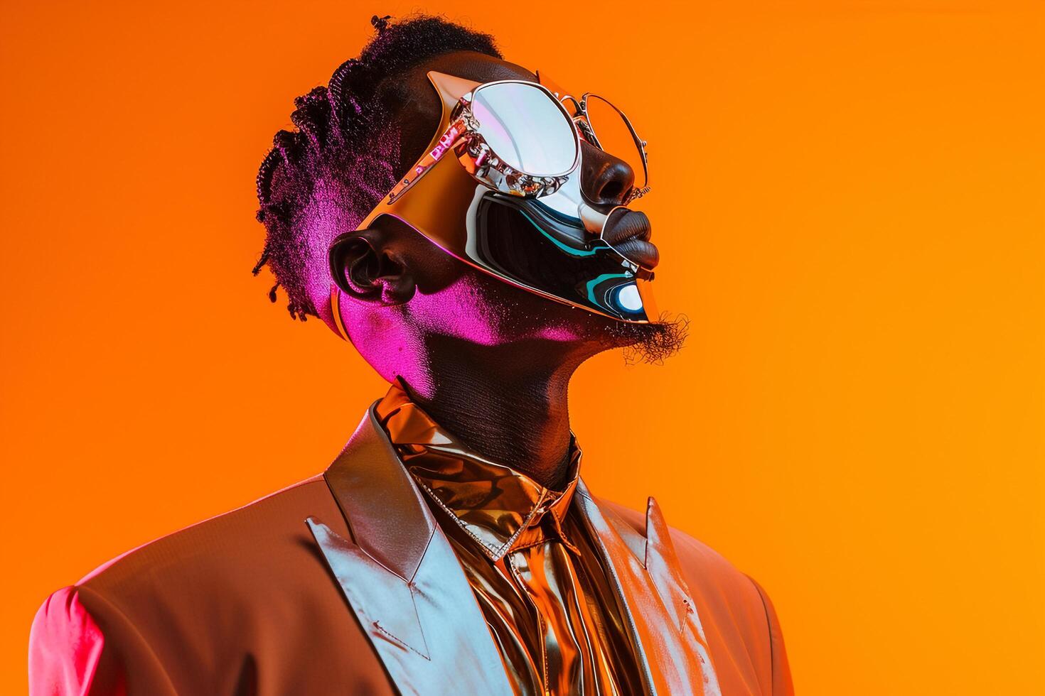 Contemporary male model in a casual blazer with a face mask and neon orange background merging modern style with bright neon colors for a dynamic and fashionable look photo