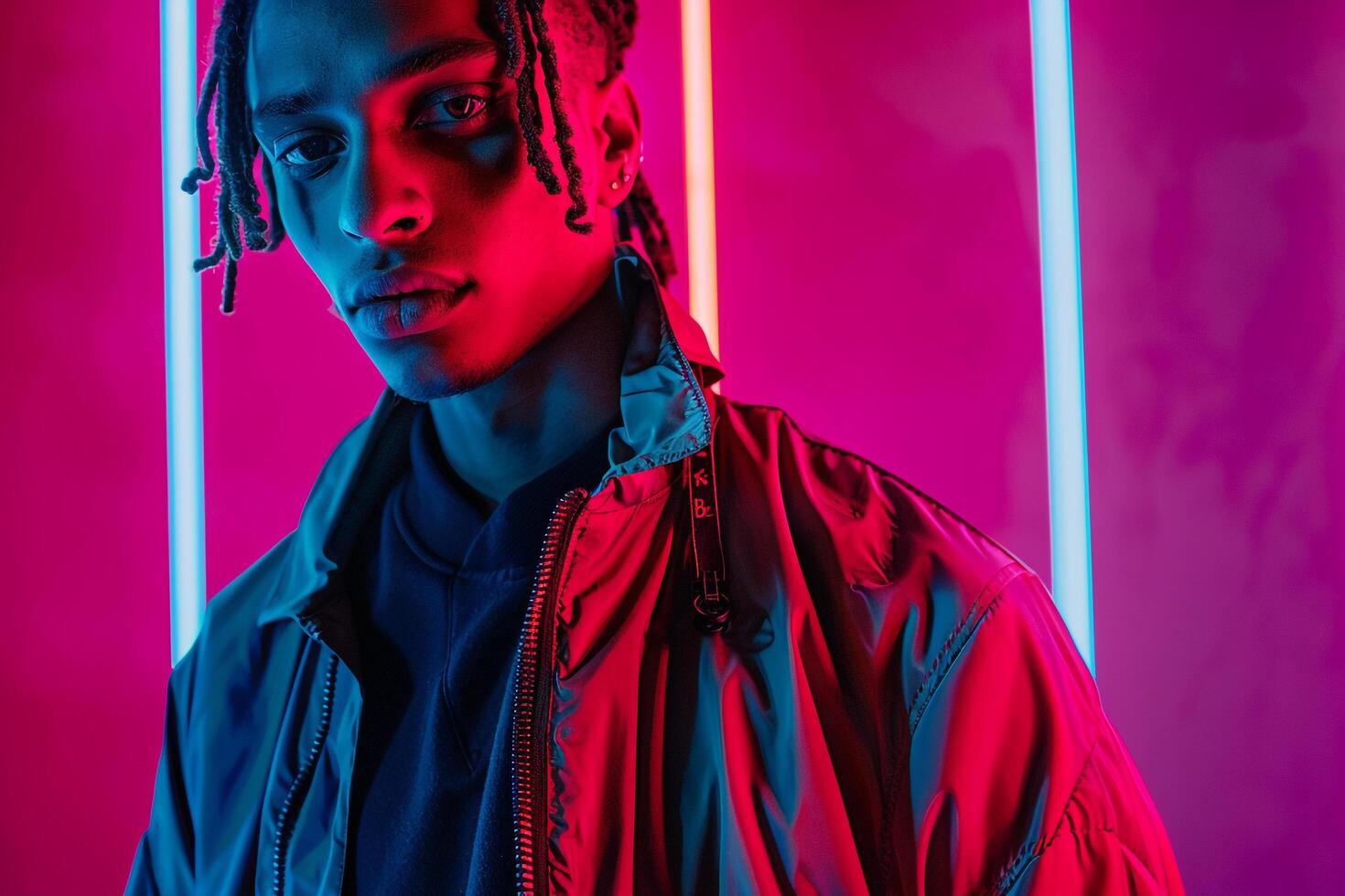 Fashionable Fashion Model in Trendy Jacket with Neon Coral portrait Background Offering a Stylish and Bold Appearance with a Vibrant Background photo