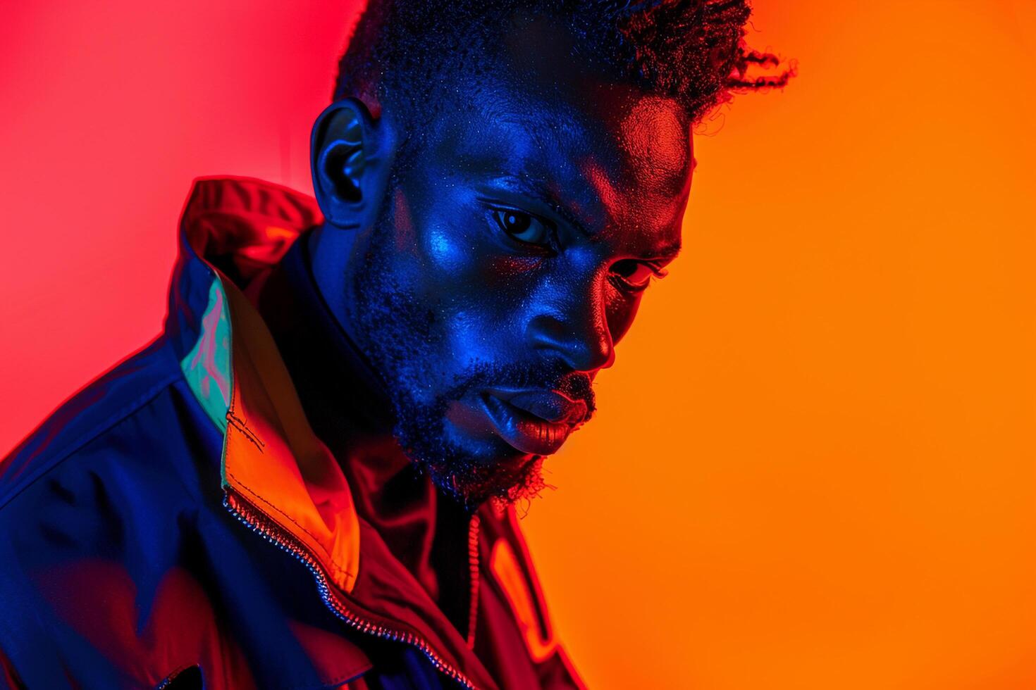 Trendy Fashion Model in Jacket with Neon Coral portrait Background Featuring a Fashionable and Modern Look with a Vibrant Color palette photo