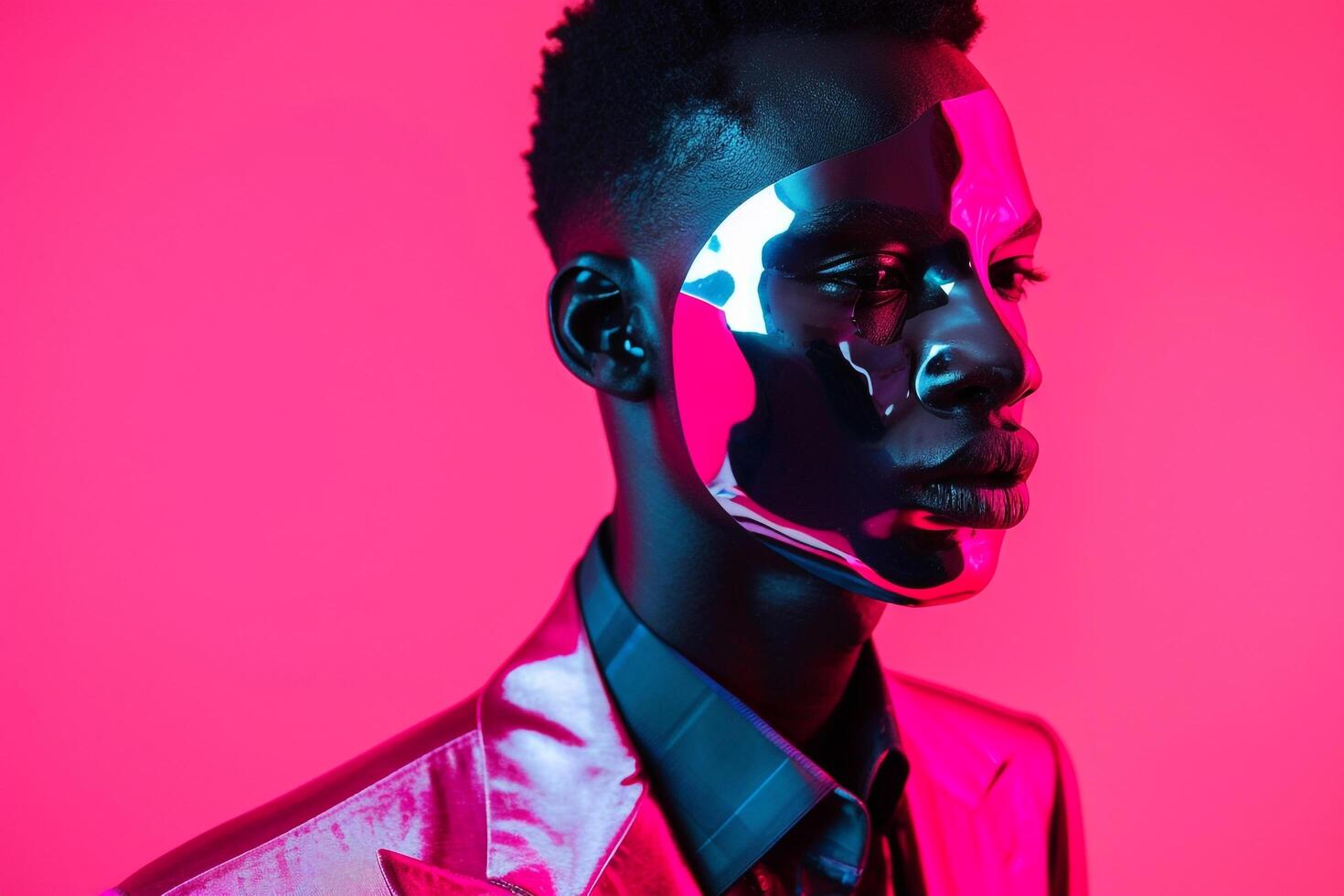 High end Fashion Model in Trendy Suit with Fashionable Face Mask and Neon pink portrait Background perfect for a Stylish and Modern Appearance photo